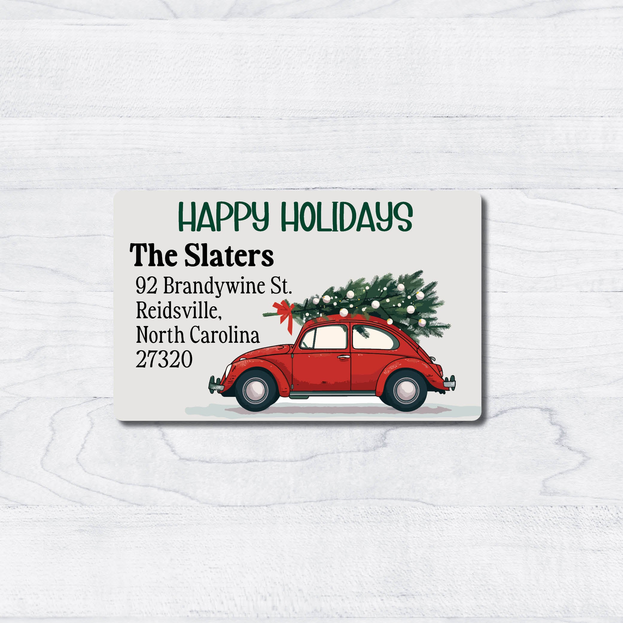 VW Bug Volkswagon Beetle Christmas Return address label with Christmas tree