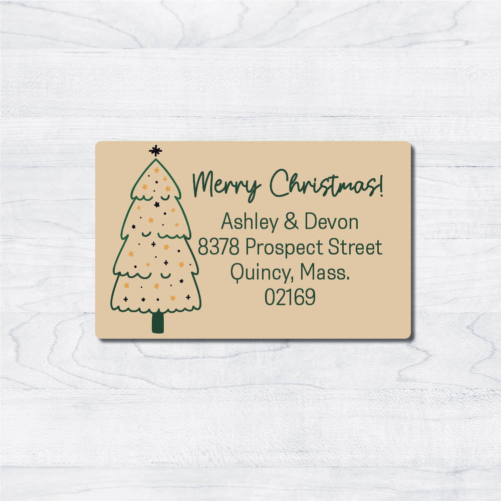 Eclectic Return Address Christmas Tree Labels on brown kraft label stock for holiday cards. Hand drawn tree