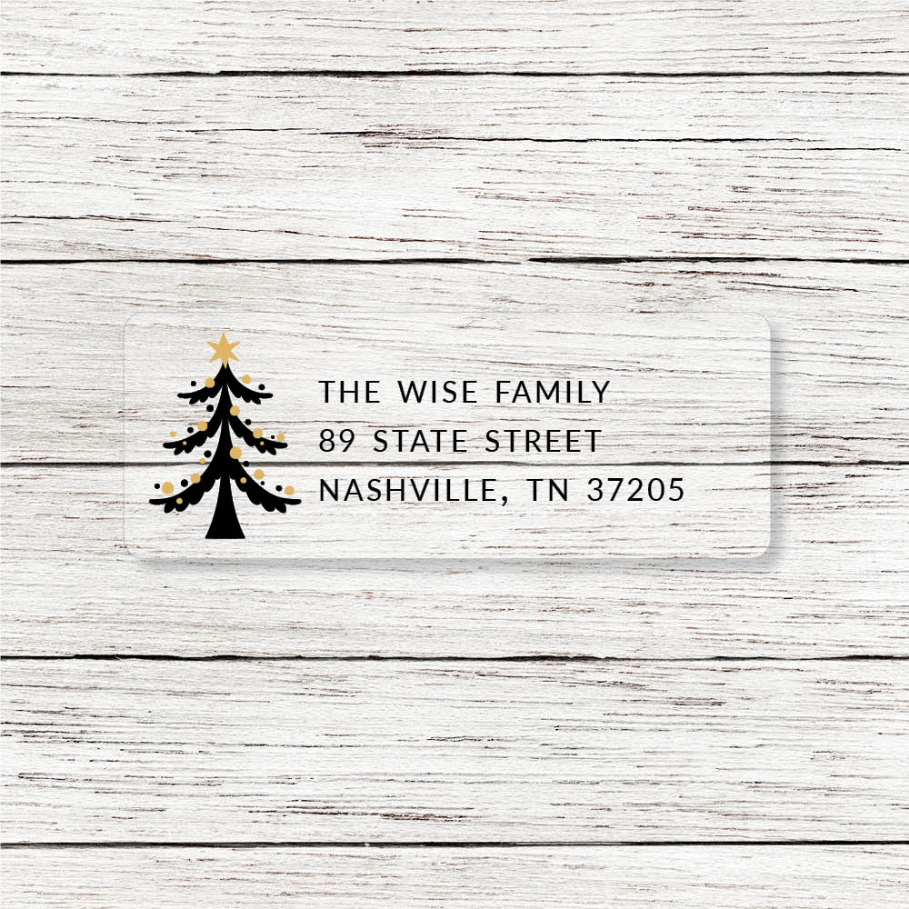 black and gold christmas tree return address label on clear