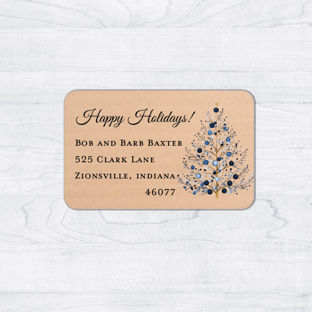 blue christmas tree blue ornaments return address label with beautiful script