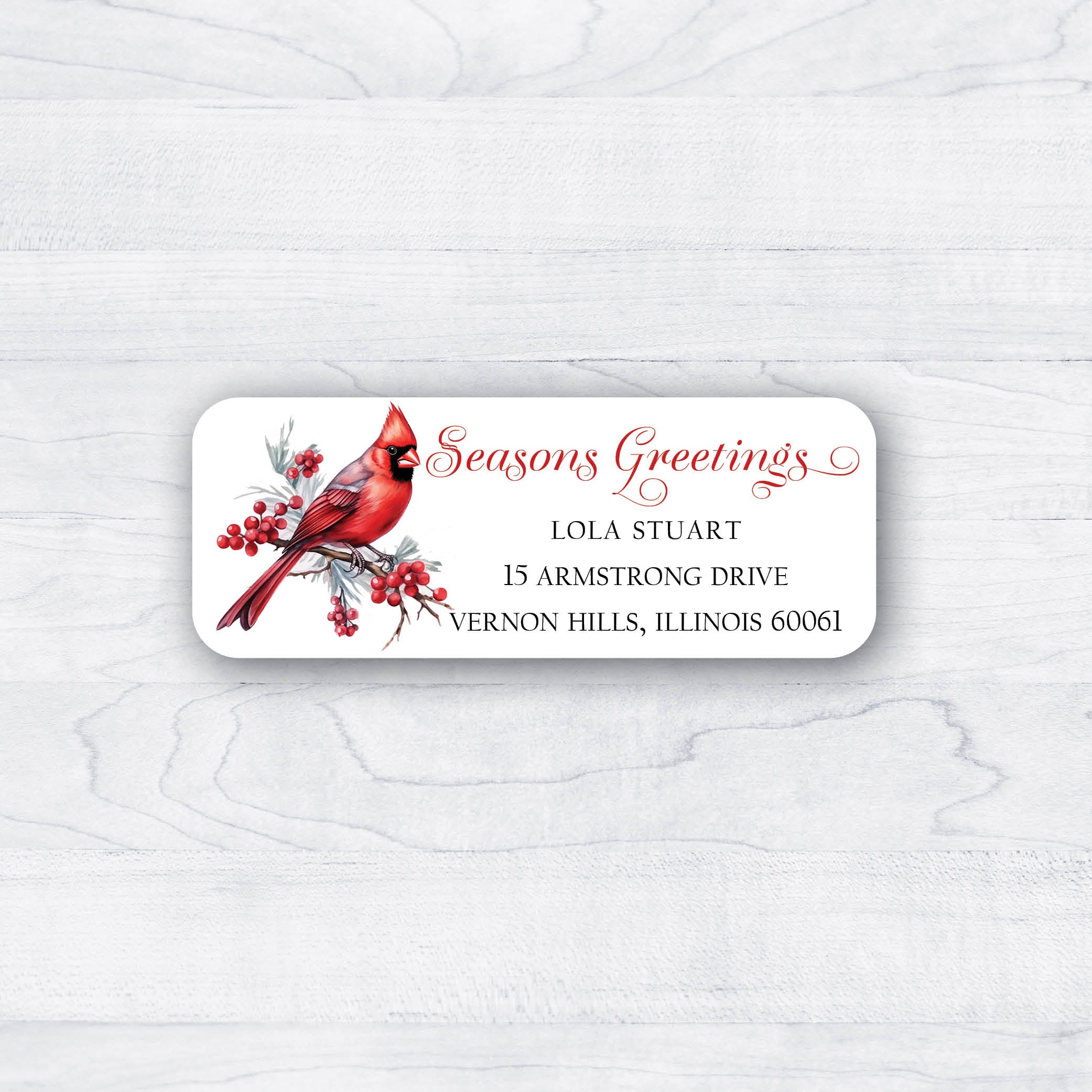 Red cardinal return address labels with Christmas message