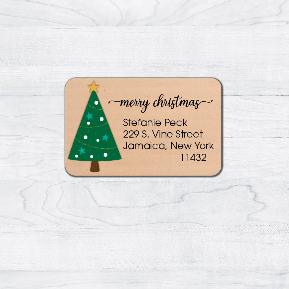 cartoon christmas tree peanuts with script return address labels