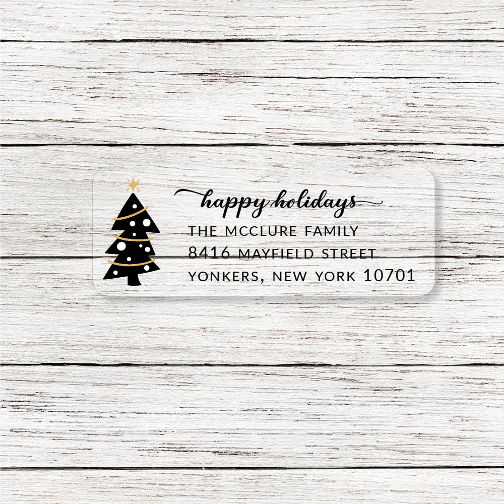 Chunky cute christmas return address labels black and gold tree on white or clear stock