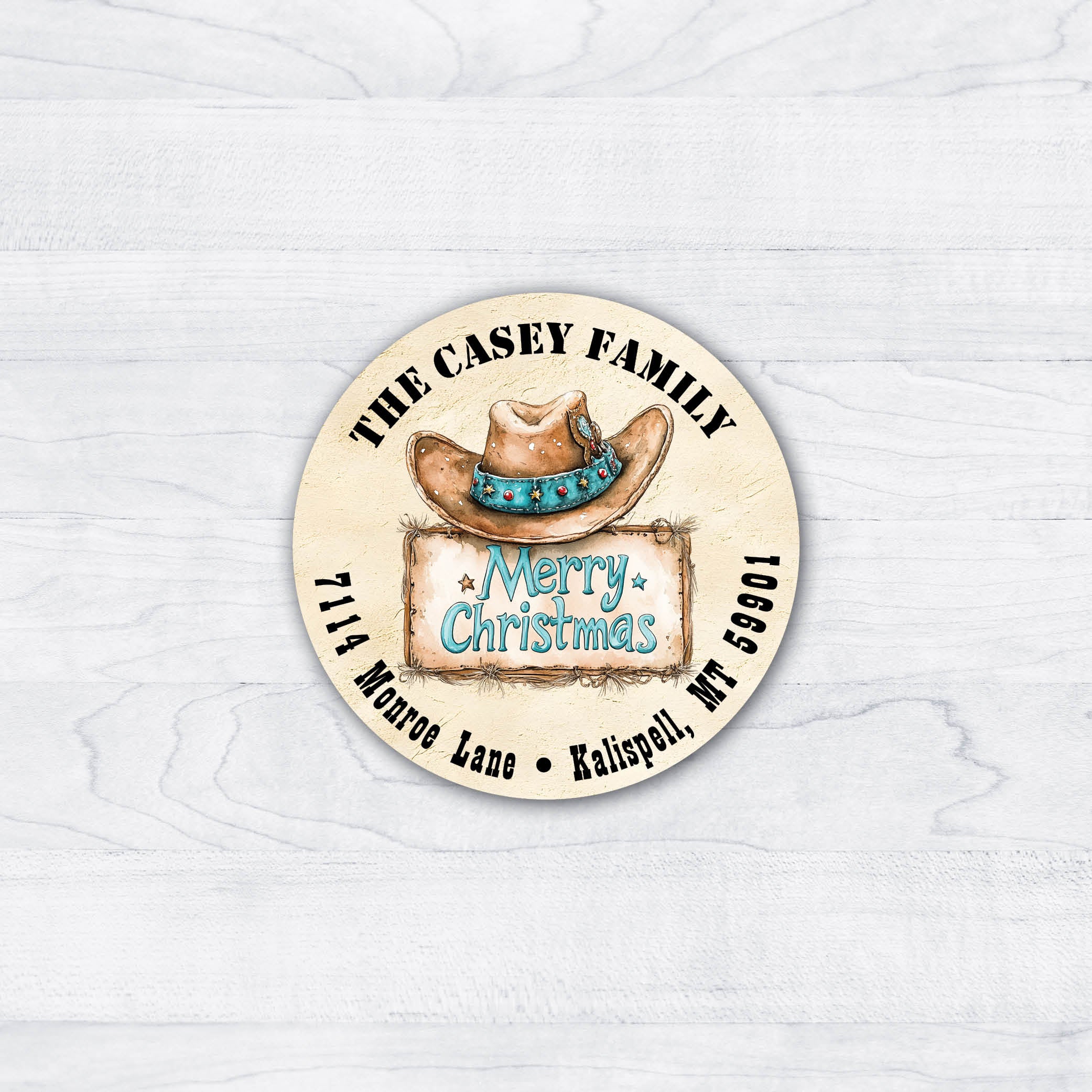 Return address round labels with a western SW theme cowboy hat with Merry Christmas and a western font