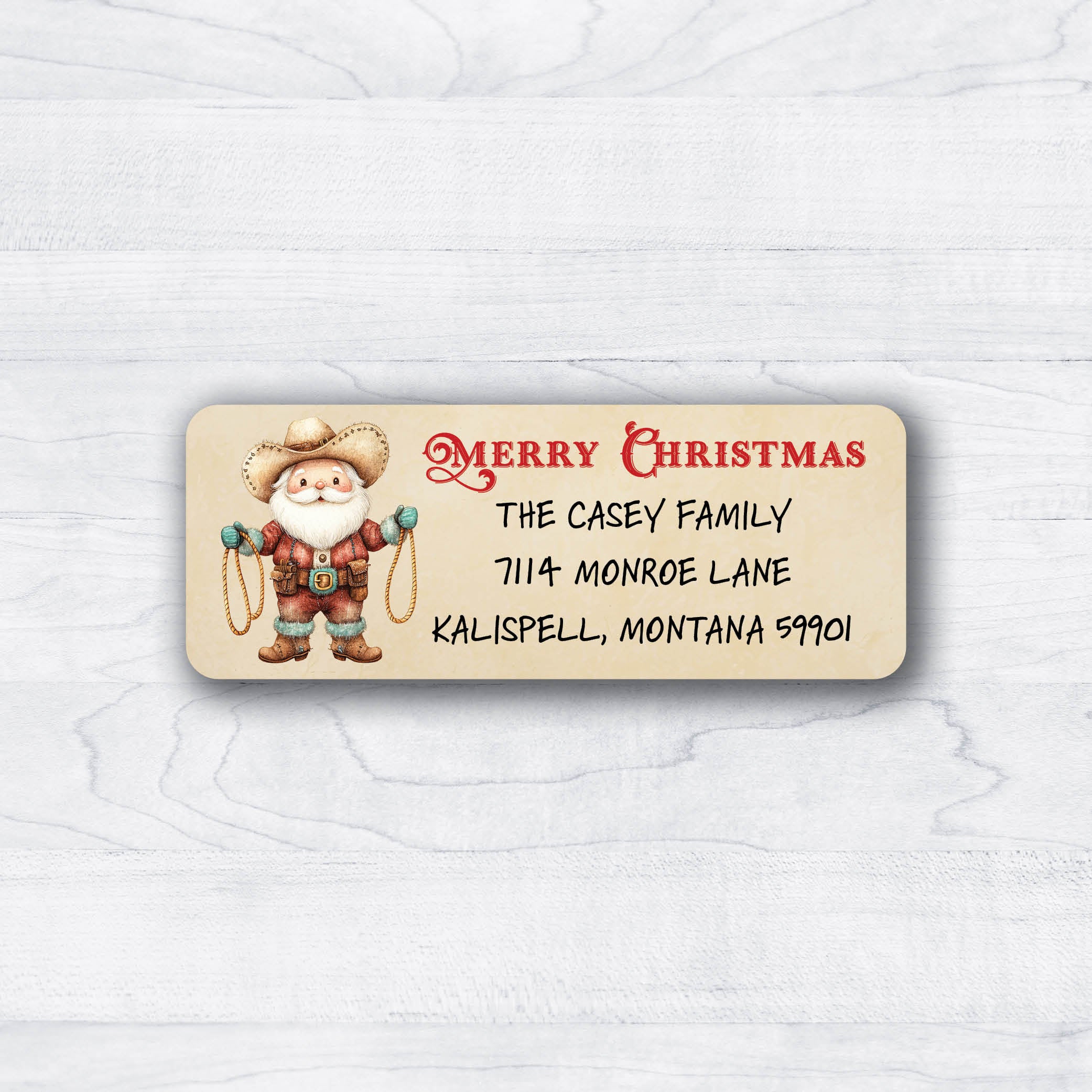 Santa as a cowboy return address labels with western font