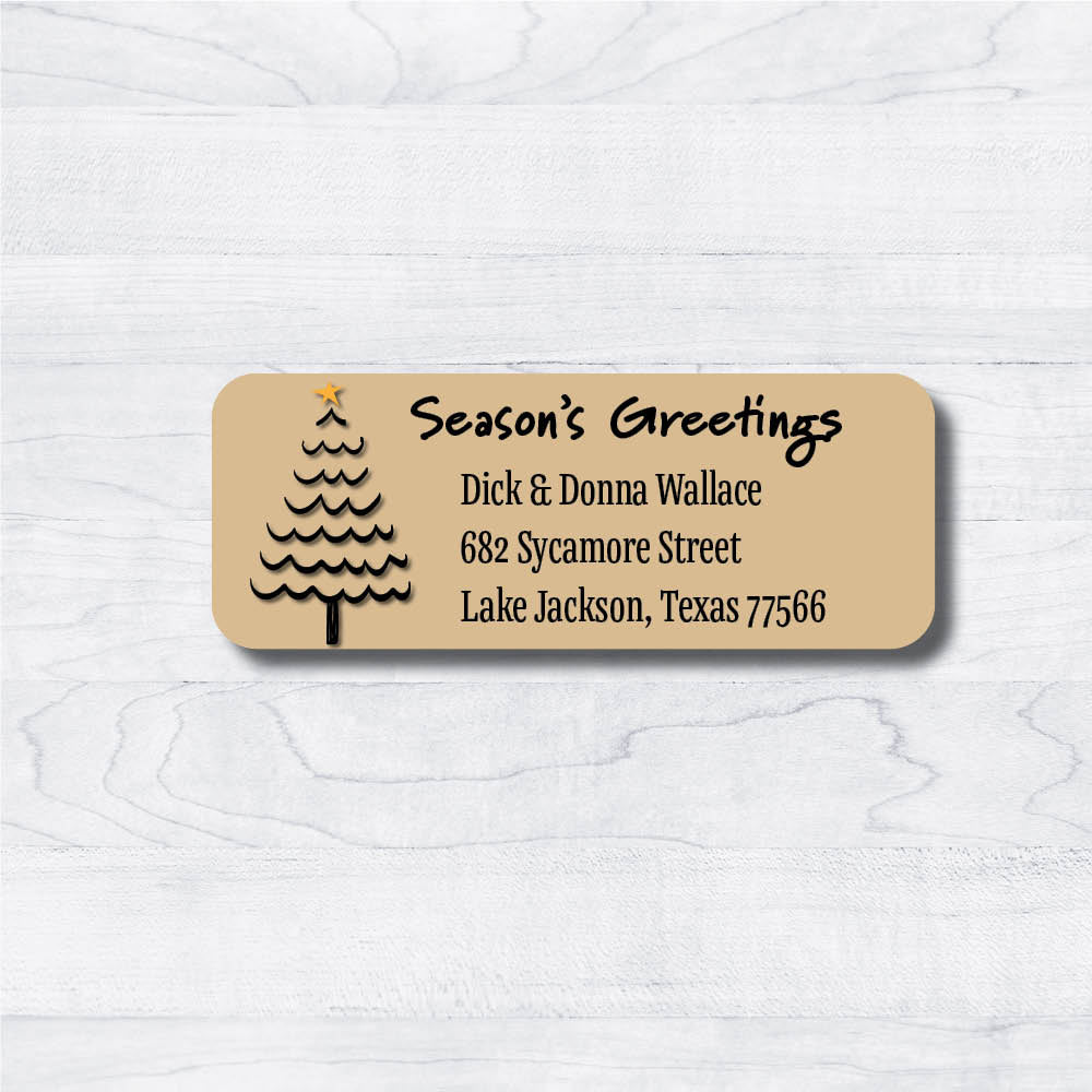 wavy christmas tree modern christmas return address labels on clear, white stock or brown kraft