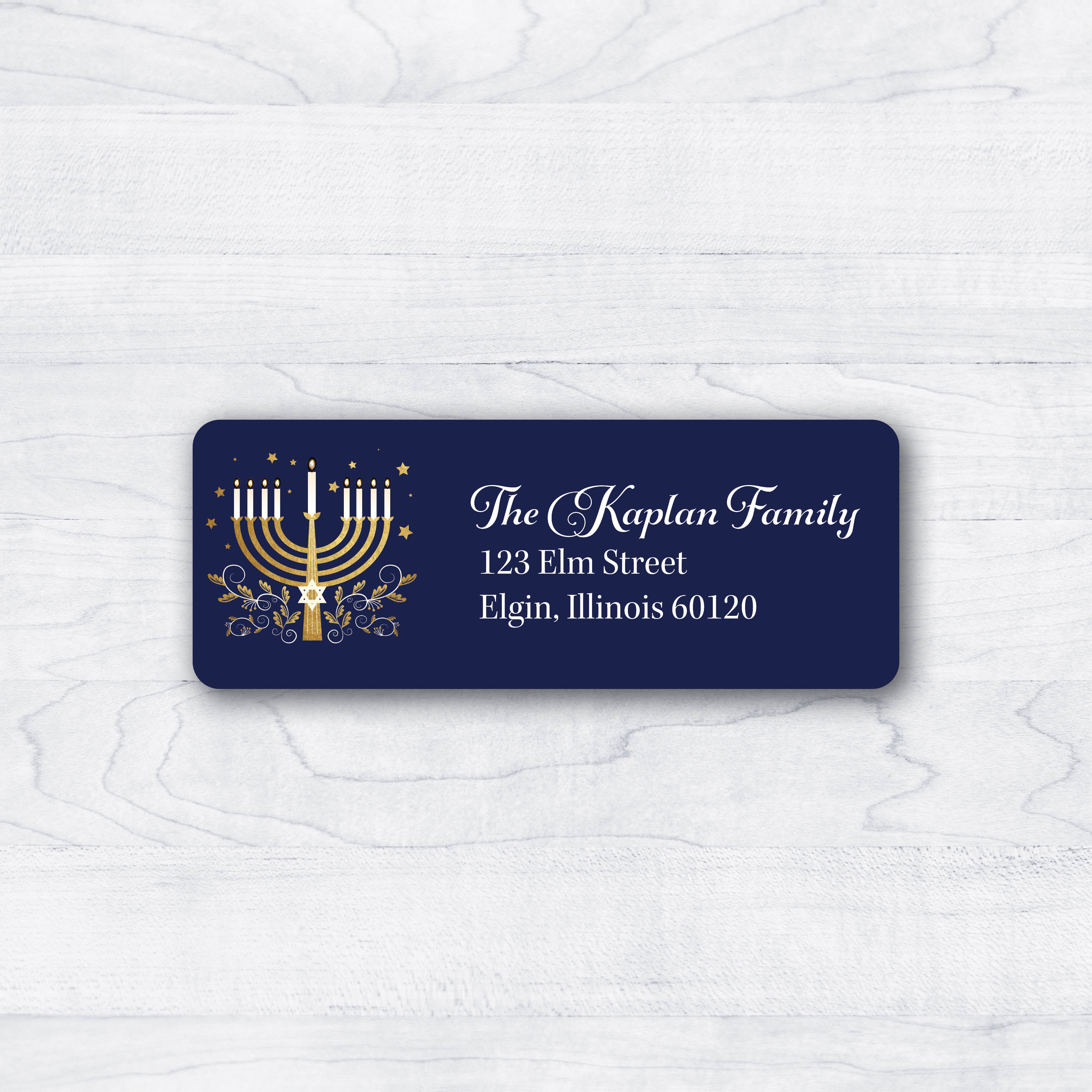 blue hanukkah return address labels with menorah