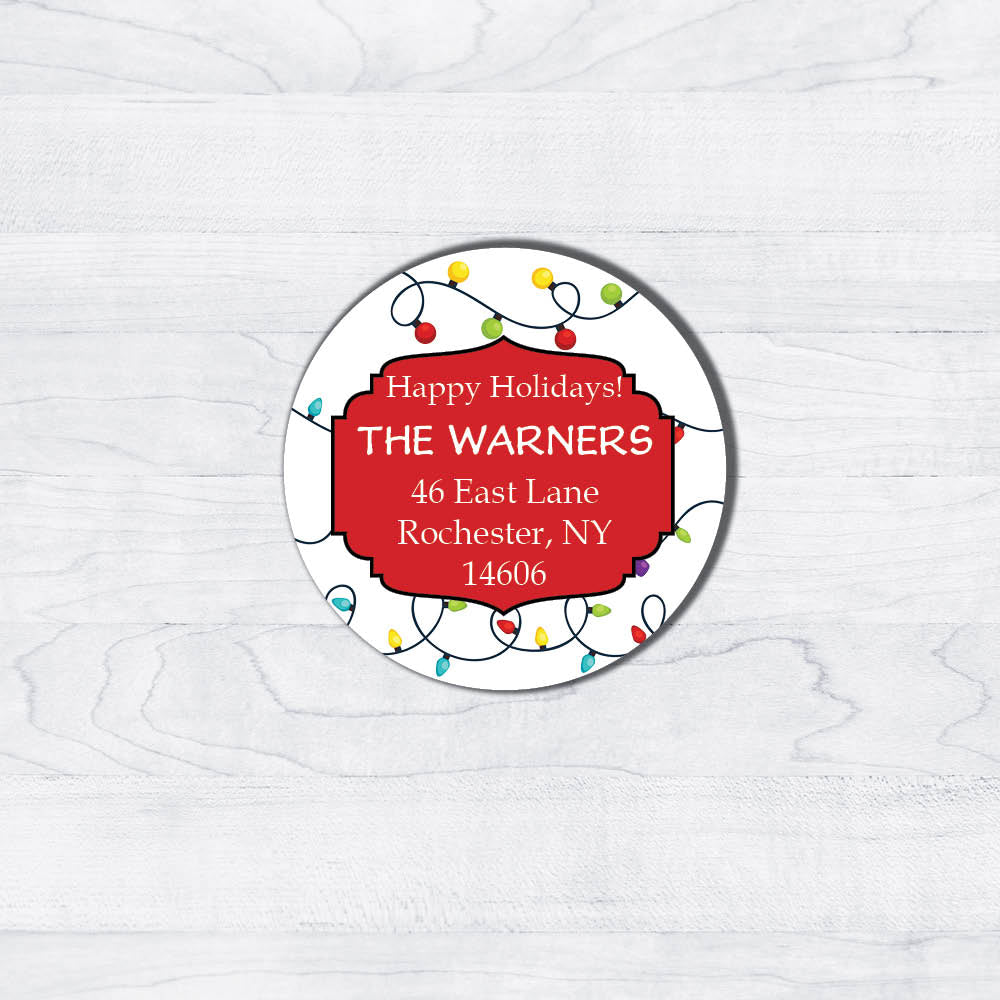 holiday lights with red emblem christmas return address labels circles