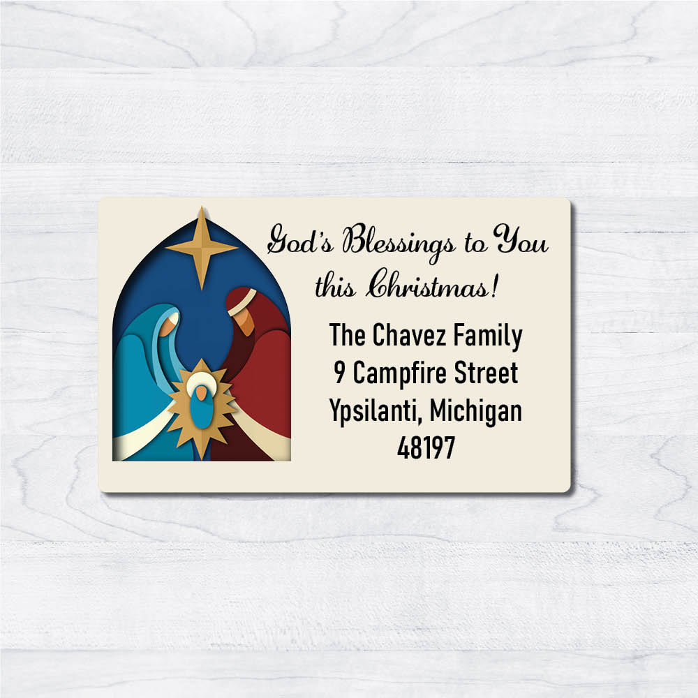 Gods Blessings ivory Mary Joseph Baby Jesus Label with Star