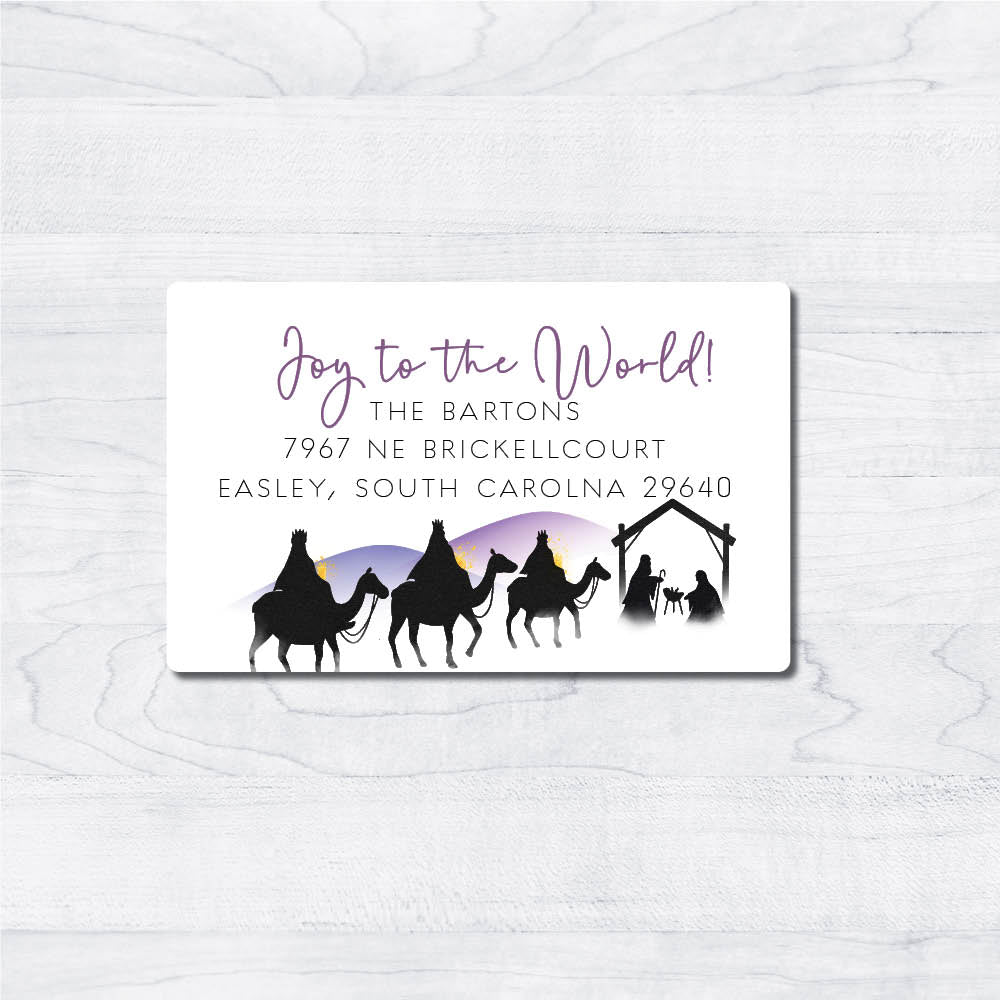 christ joy to the world purple with three magi return address labels