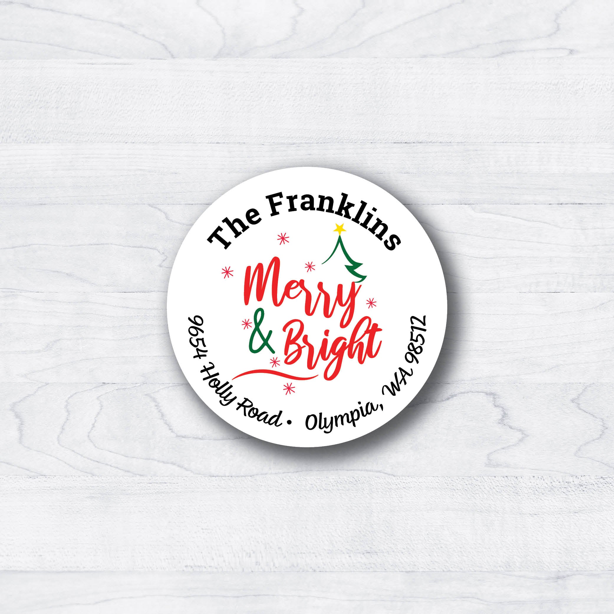 red and green return address label circle with Merry and Bright and a return address for christmas cards