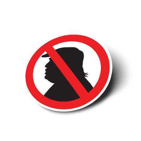 trump silhouette with a red slash through it sticker in the shape of a circle