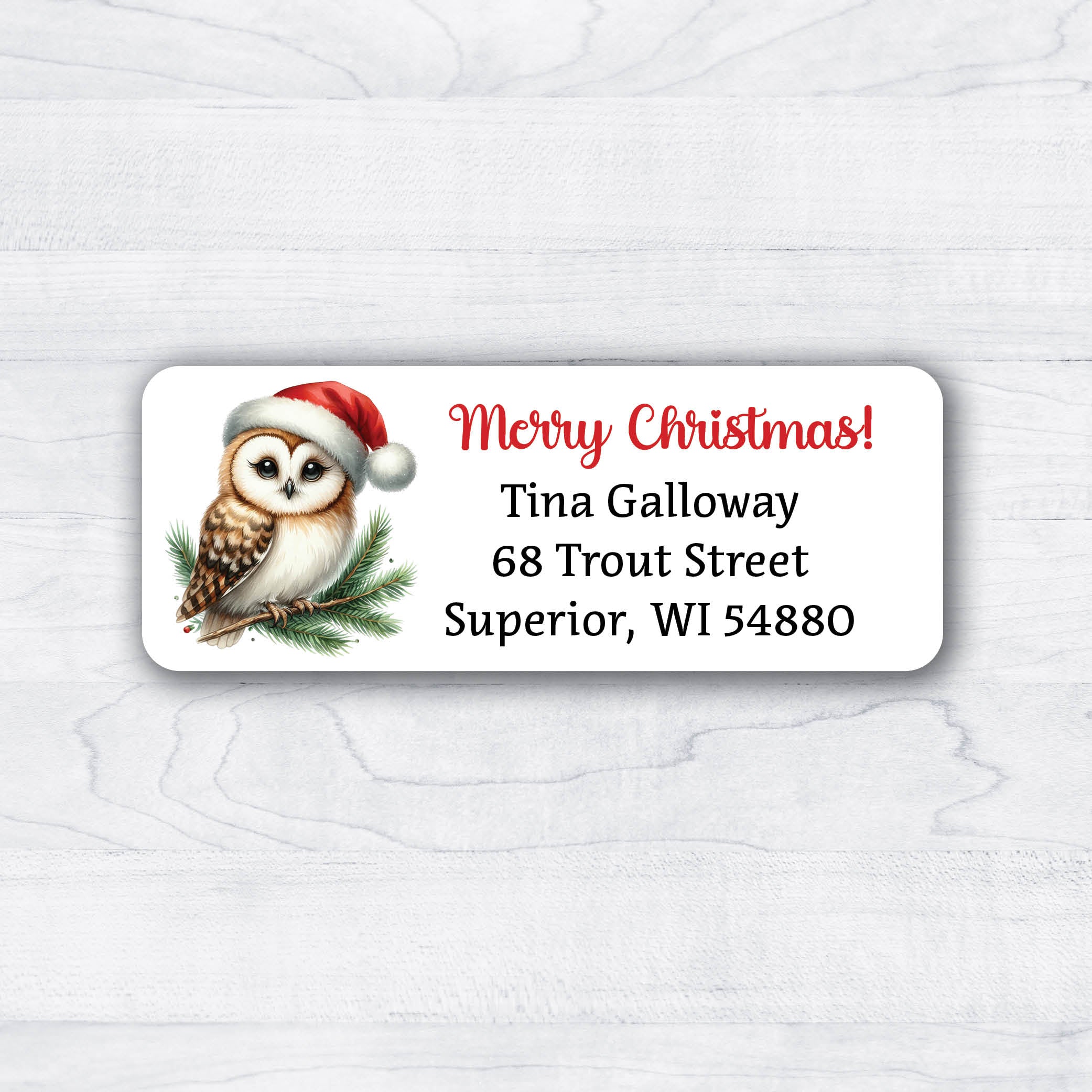 Christmas labels with a snowy owl in a santa hat that say Merry Christmas