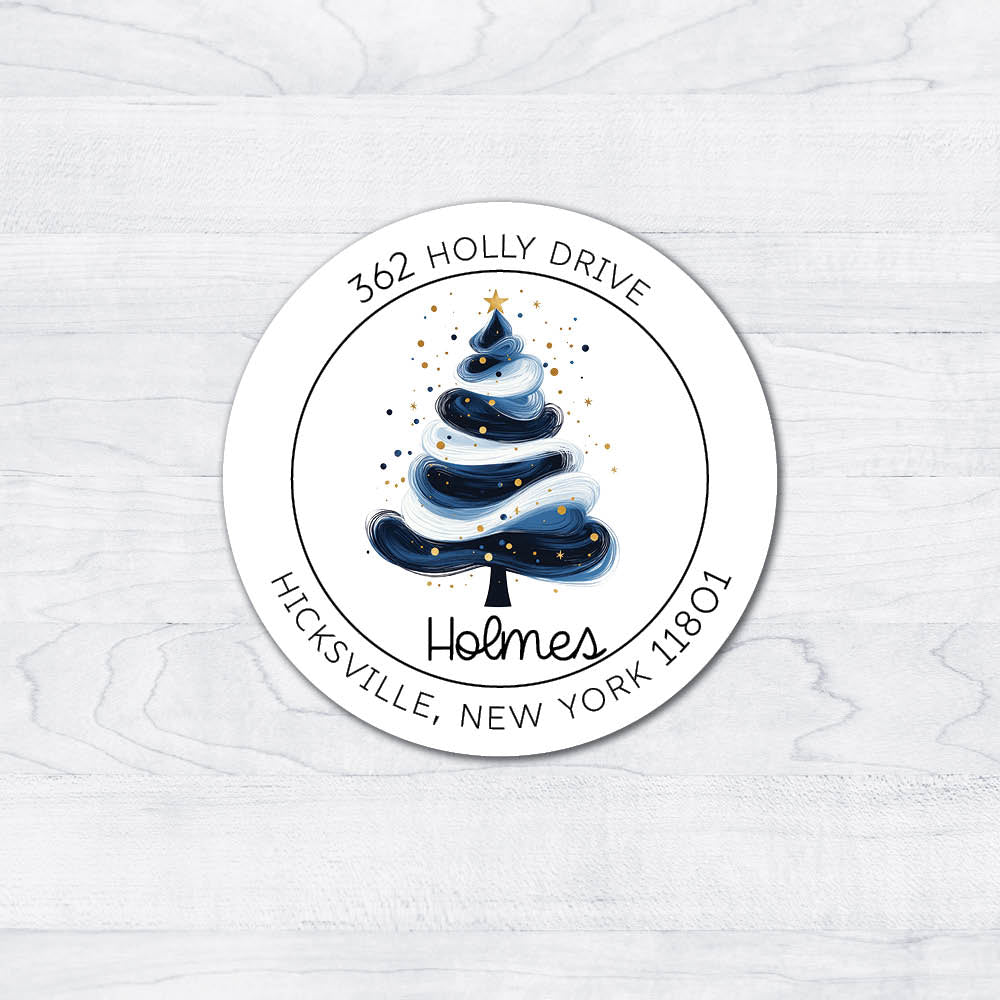 Elegant painted round christmas tree with gold flecks return address labels