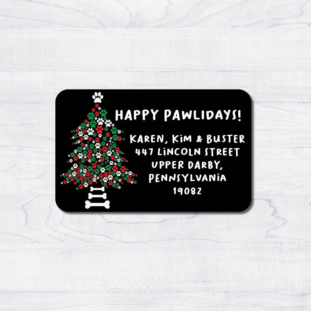 pawlidays dog paw christmas tree dog-themed return address labels for christmas cards
