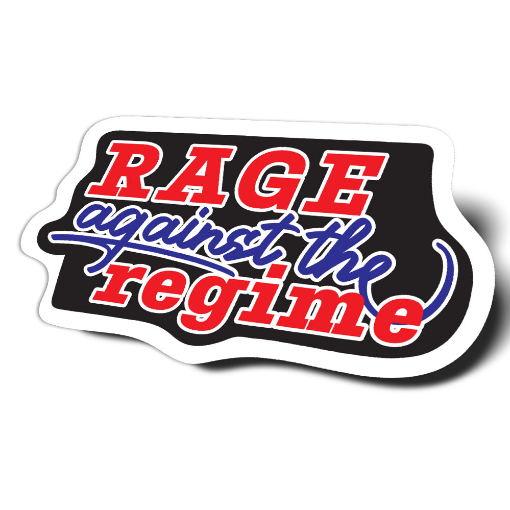 Sticker with 'Rage Against the Regime' text in red and blue on a black background. rage against the machine - anti-trump sticker vinyl decal