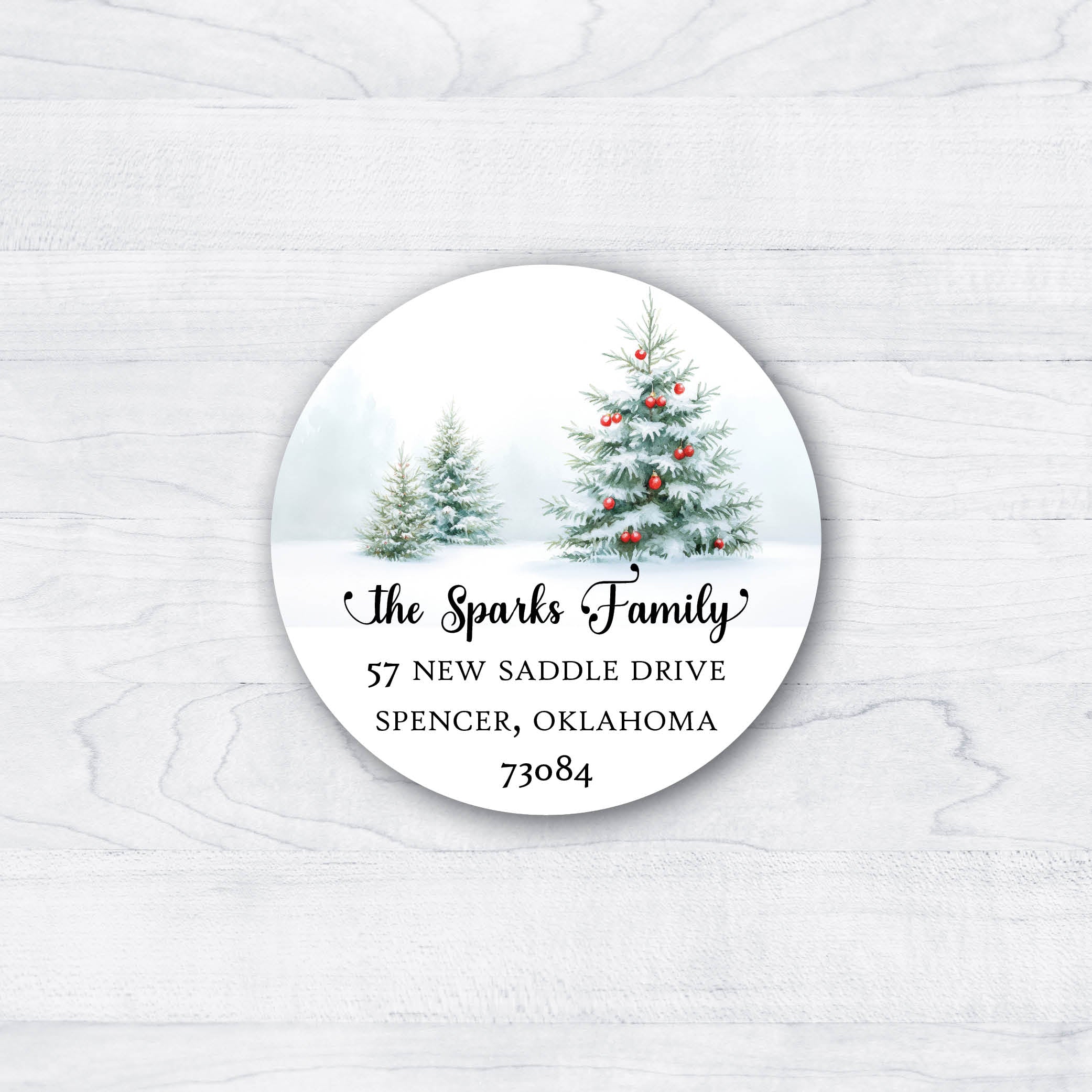 Snowy Scene Christmas Tree Round Return Address Labels