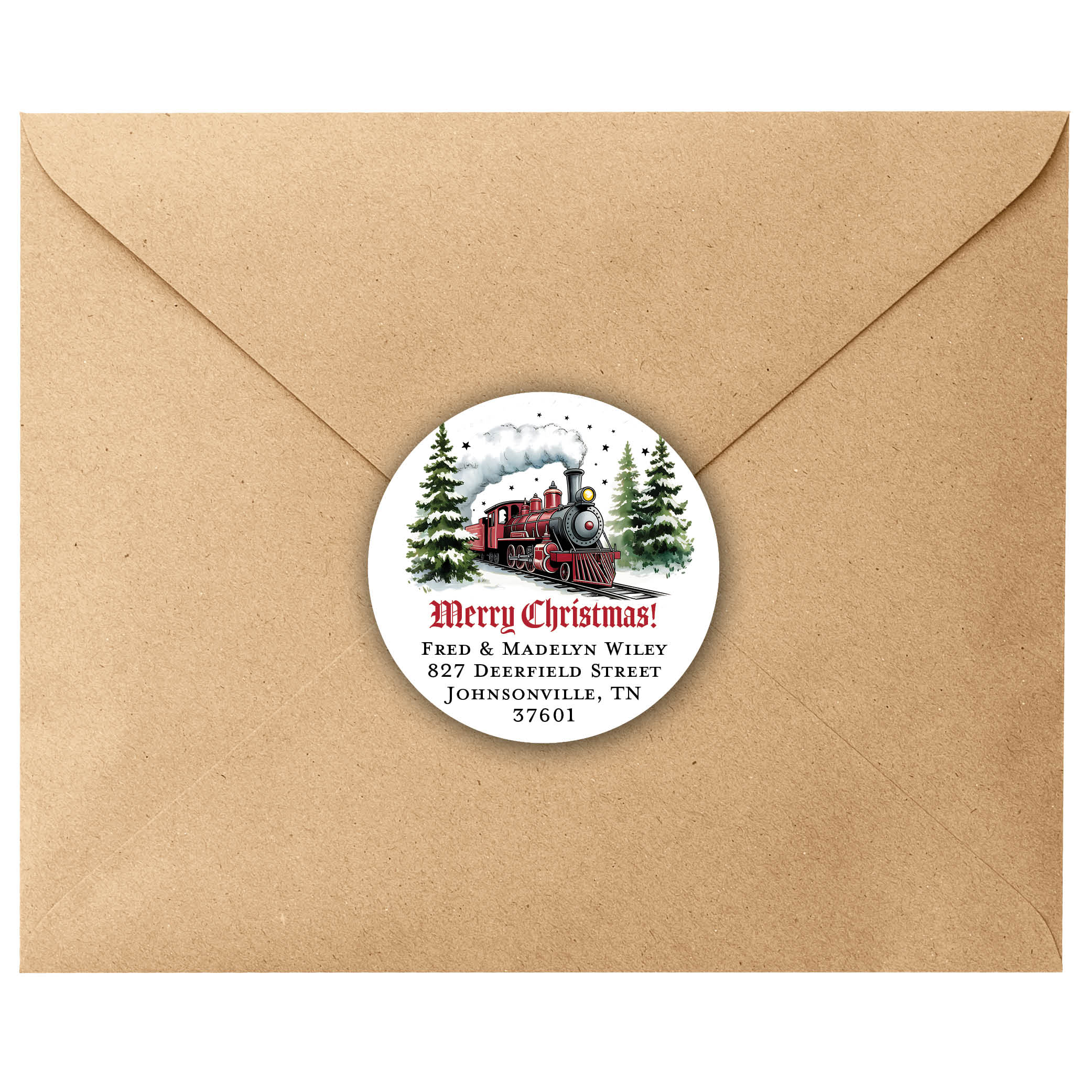Snowy Christmas Train Round Return Address Labels