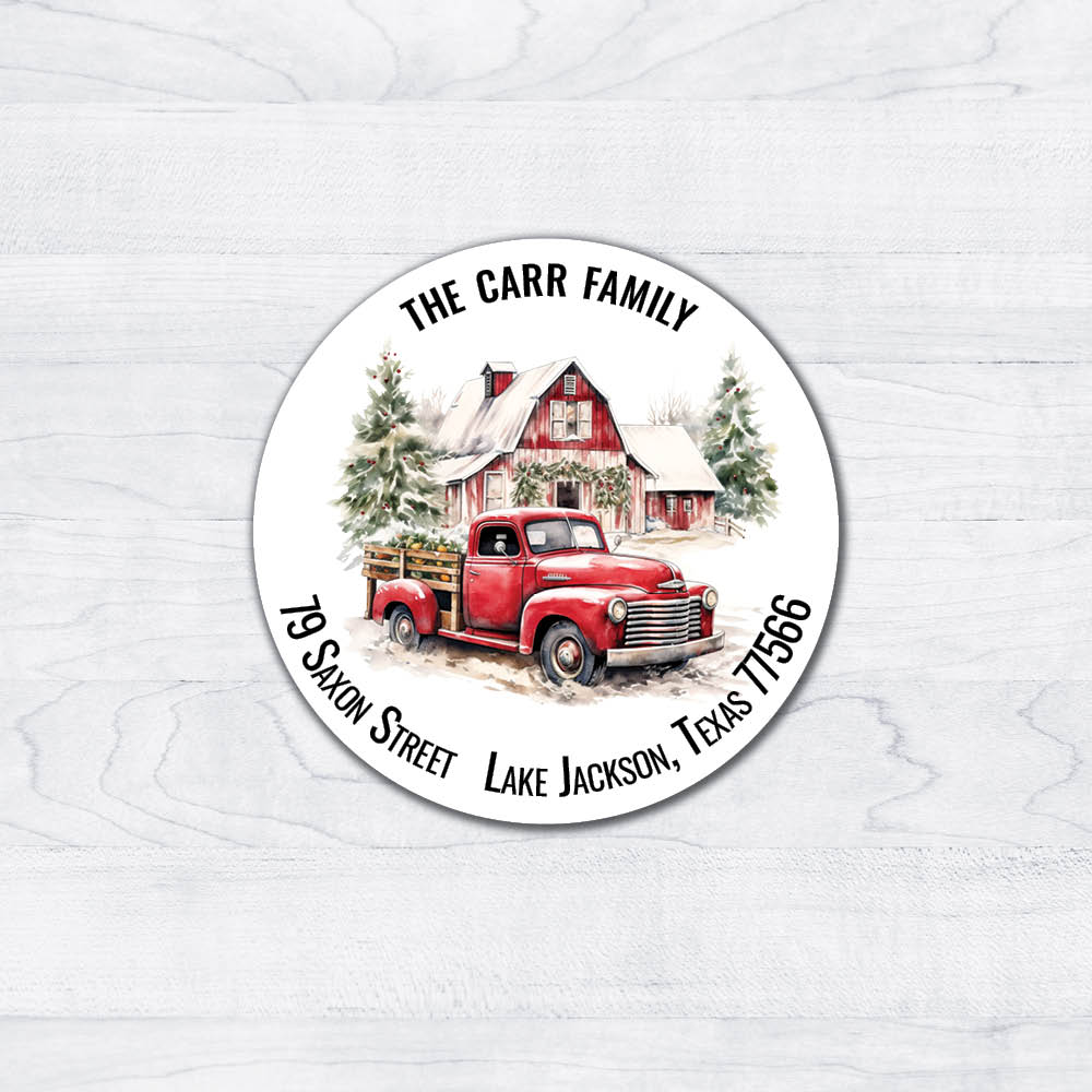 red barn red truck snowy scene christmas return address label circle