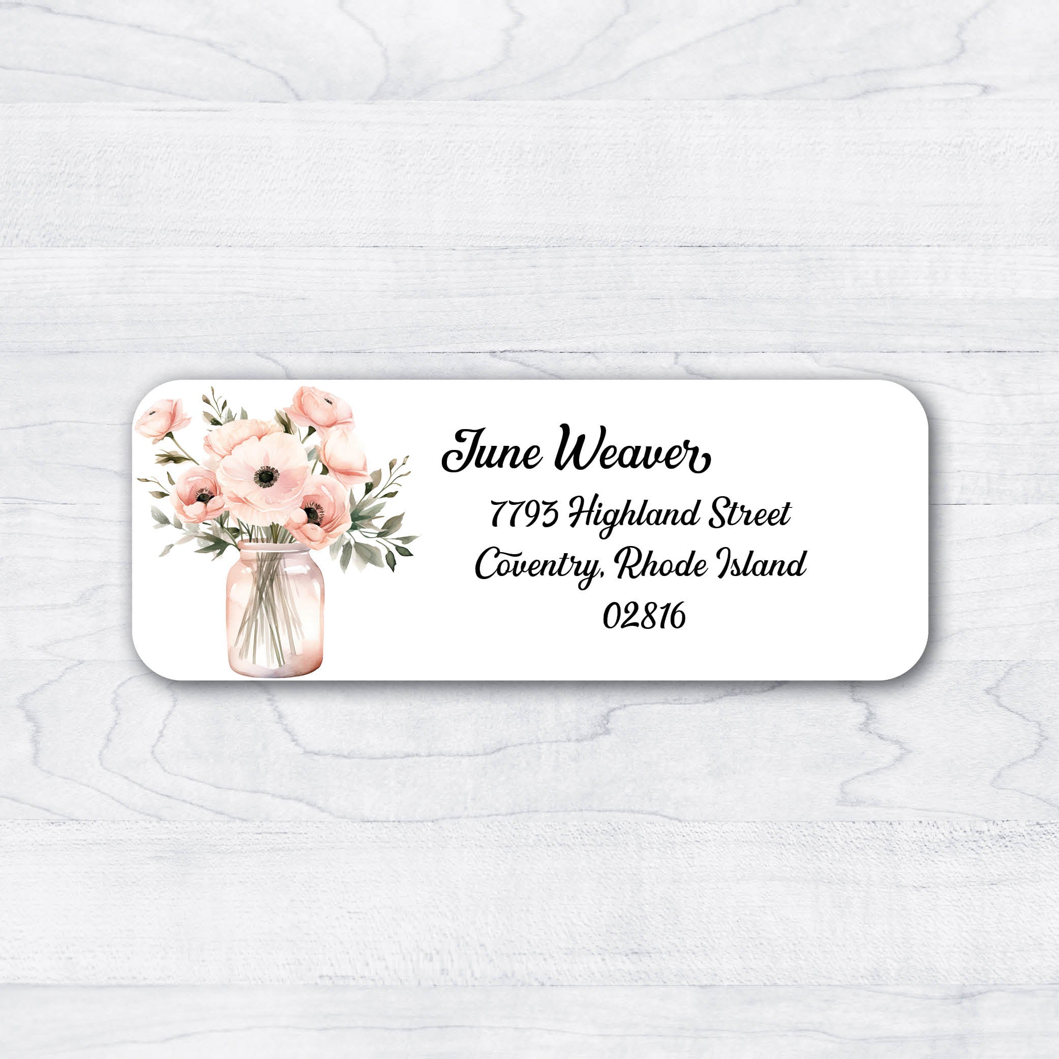 pink flowers in a vase jar return address labels