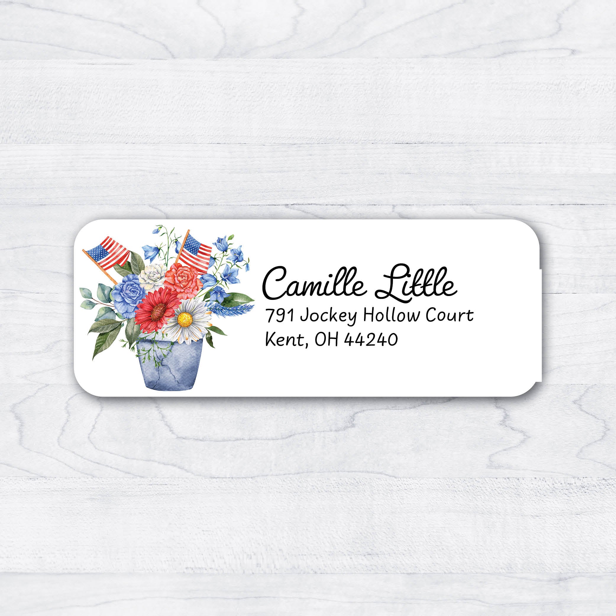 U.S.A. patriotic themed return address labels with bouquet of flowers in a pail