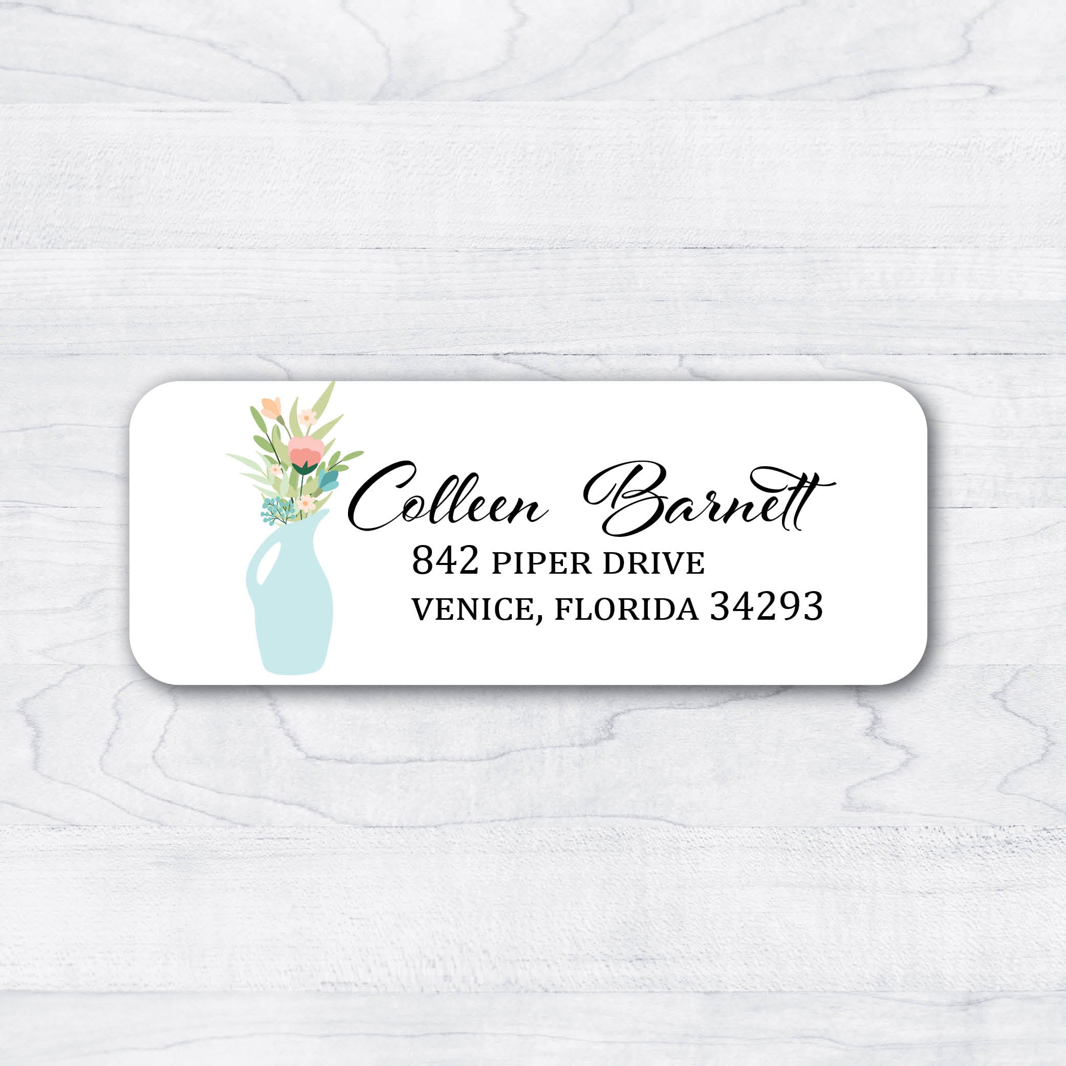 Blue vase pink flowers script return address labels