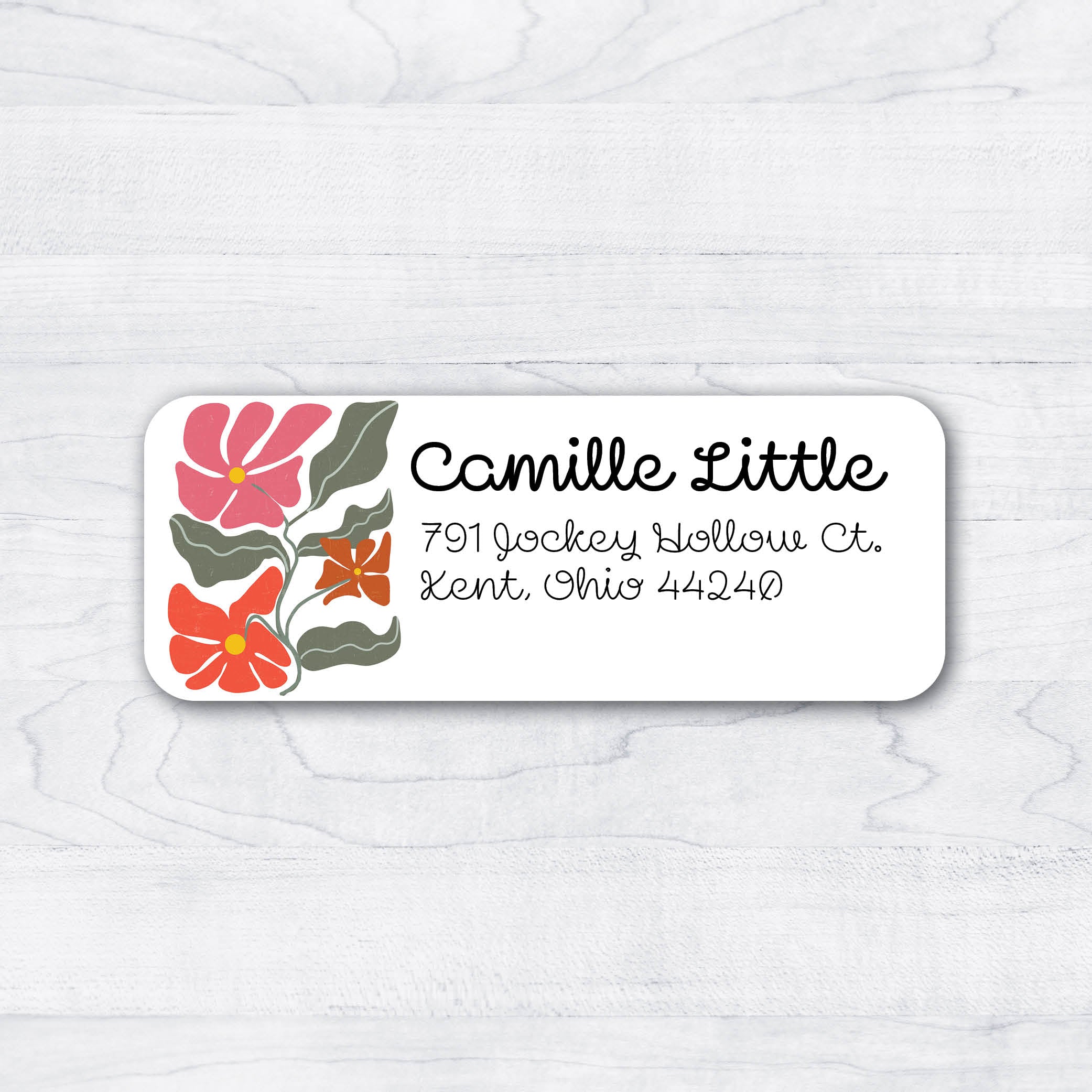 funky modern flowers in orange and pink  with quirky font return address labels