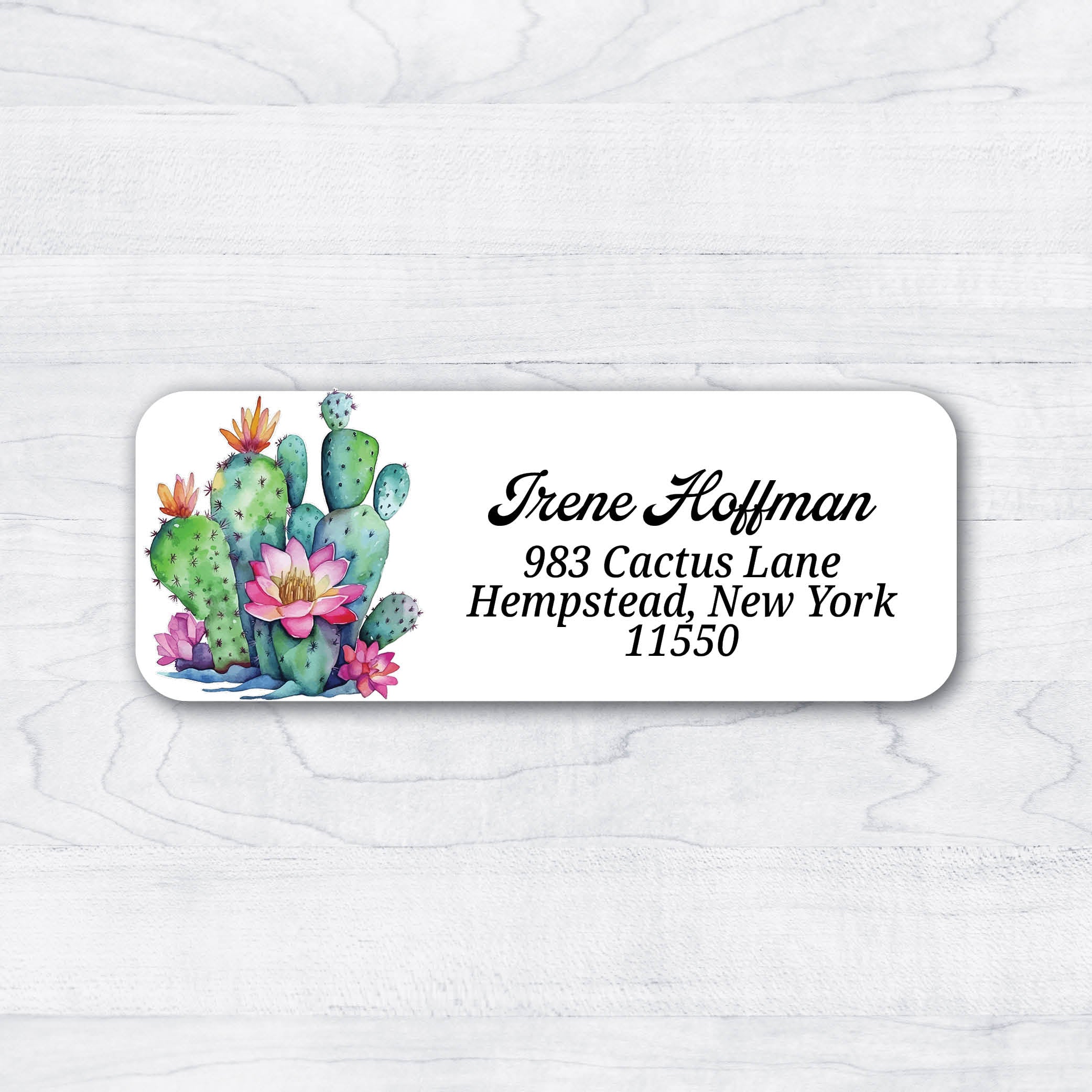 cacus flower return address labels in green and pink