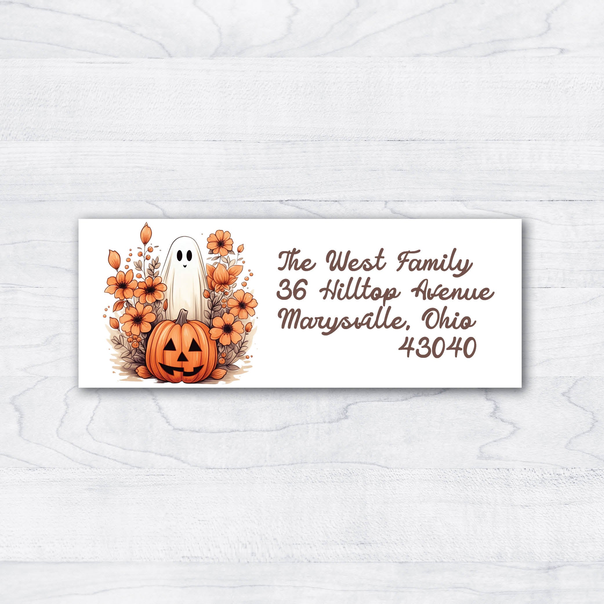 Halloween Ghost with Jack-o-lantern and orange flowers with script personalized return address labels