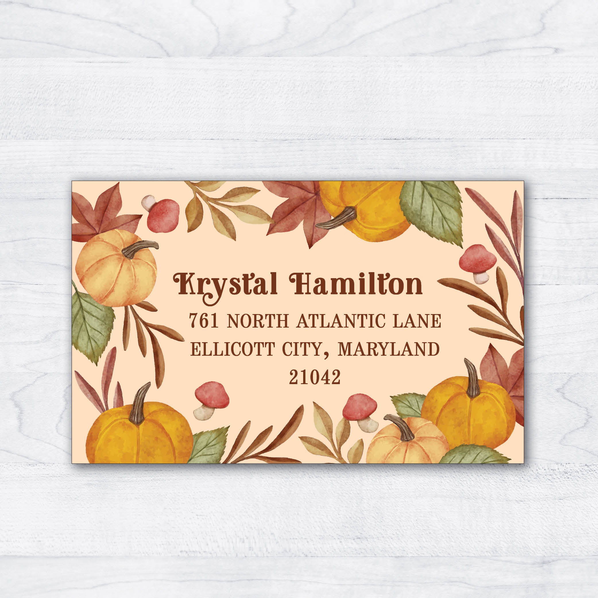 pumpkins, autumn return address labels with foliage
