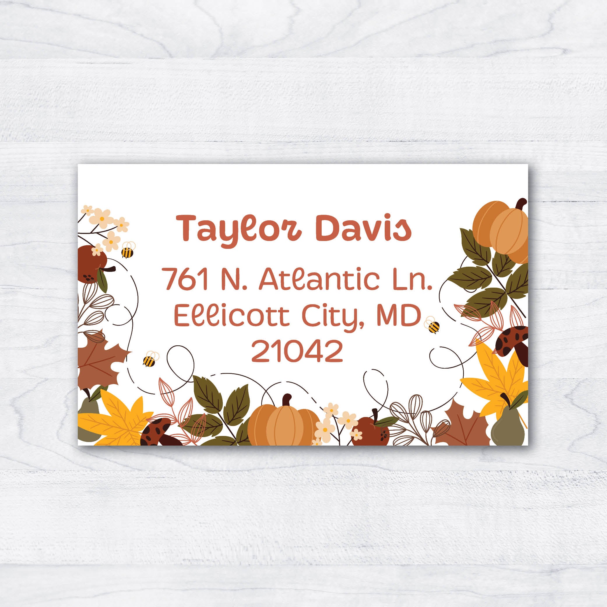 fun pumpkin return address labels with flowers, vines and bumblebees personalized