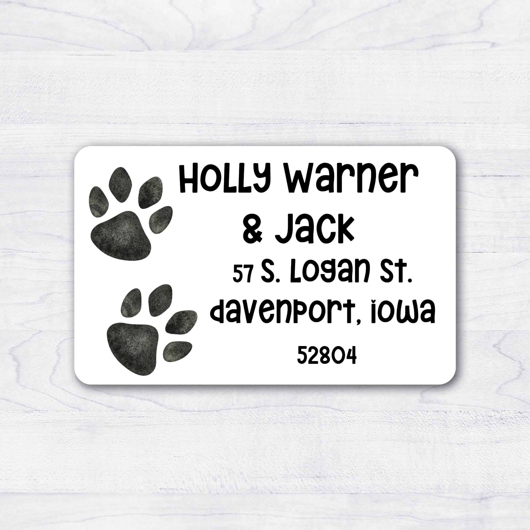 return address label with two dog pawprints personalized