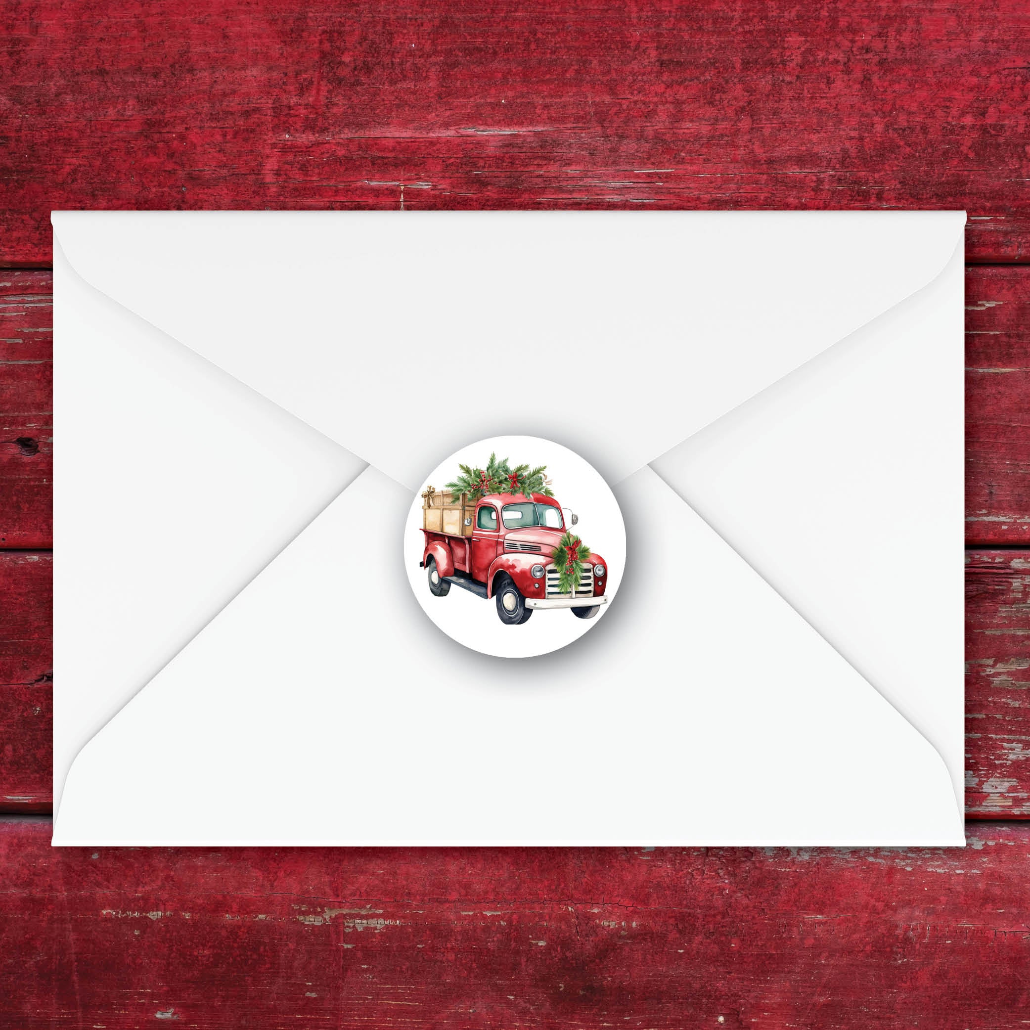 Festive round envelope seals featuring a watercolor vintage red truck loaded with gifts — perfect for holiday cards, gift wrapping, party favors and seasonal mail.

