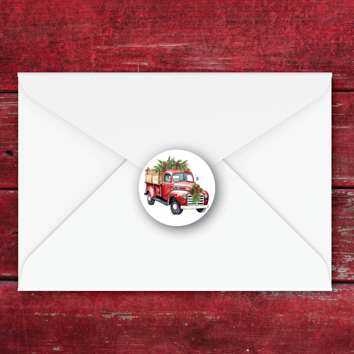 Festive round envelope seals featuring a watercolor vintage red truck loaded with gifts — perfect for holiday cards, gift wrapping, party favors and seasonal mail.

