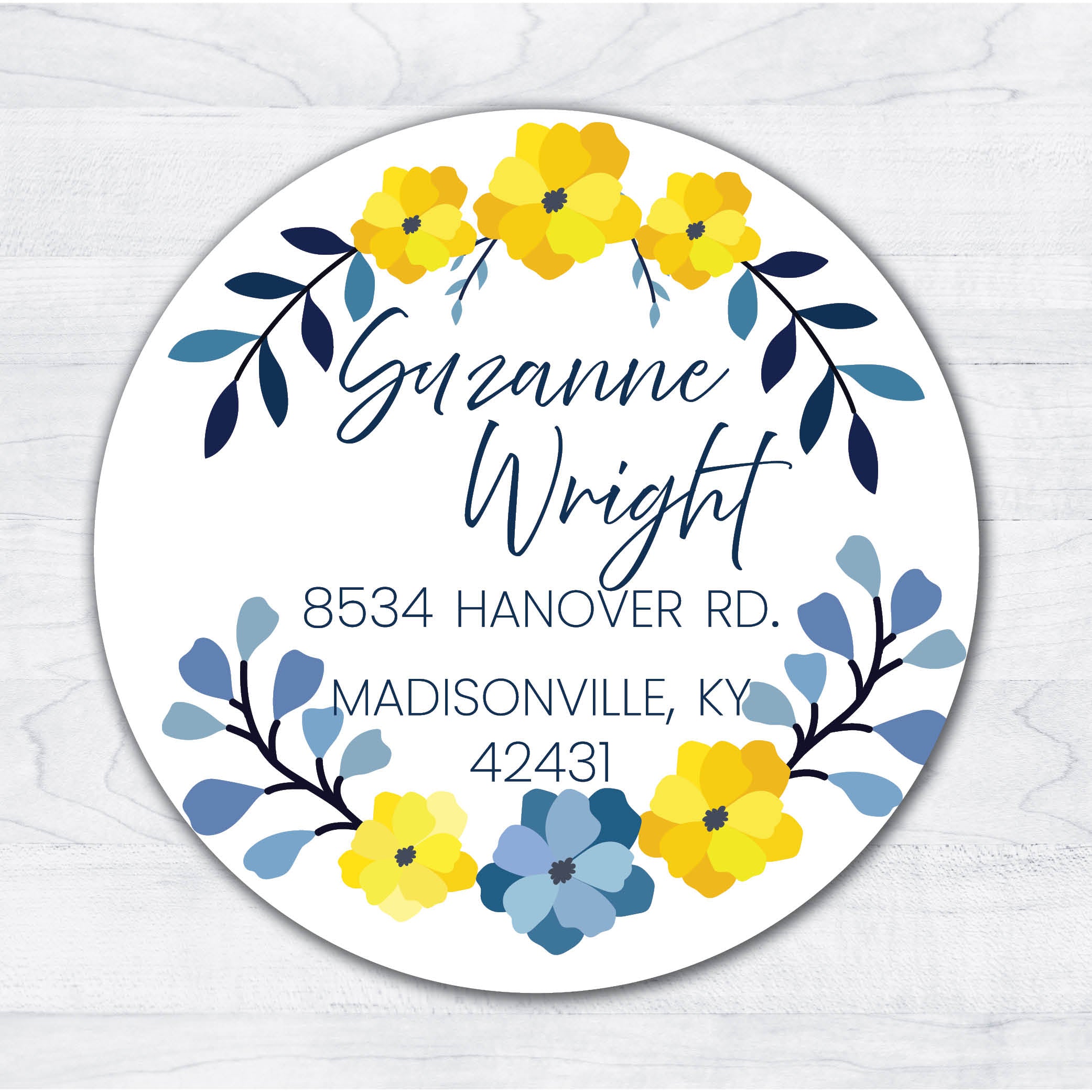 Blue & Yellow Floral Return Address Circle Labels