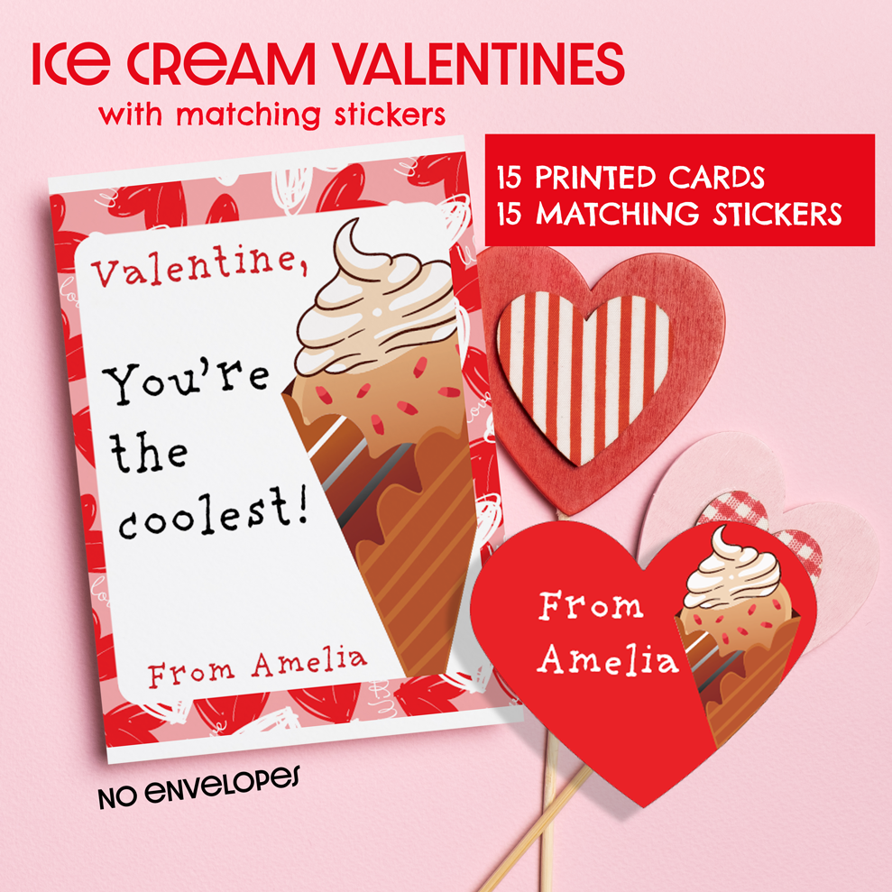 Ice Cream Valentine with Matching Heart Stickers