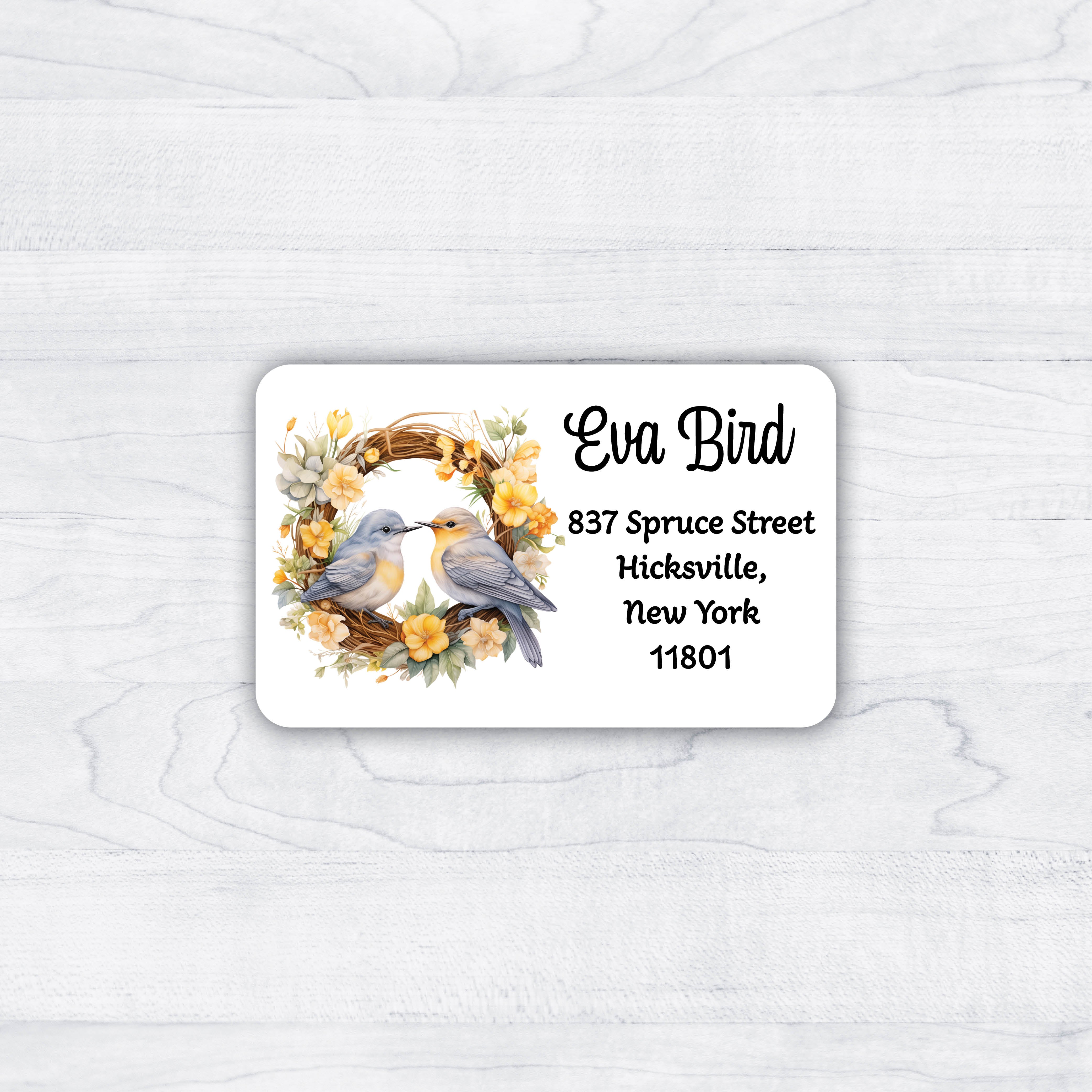 Birds on a wreath with yellow flowers return address labels
