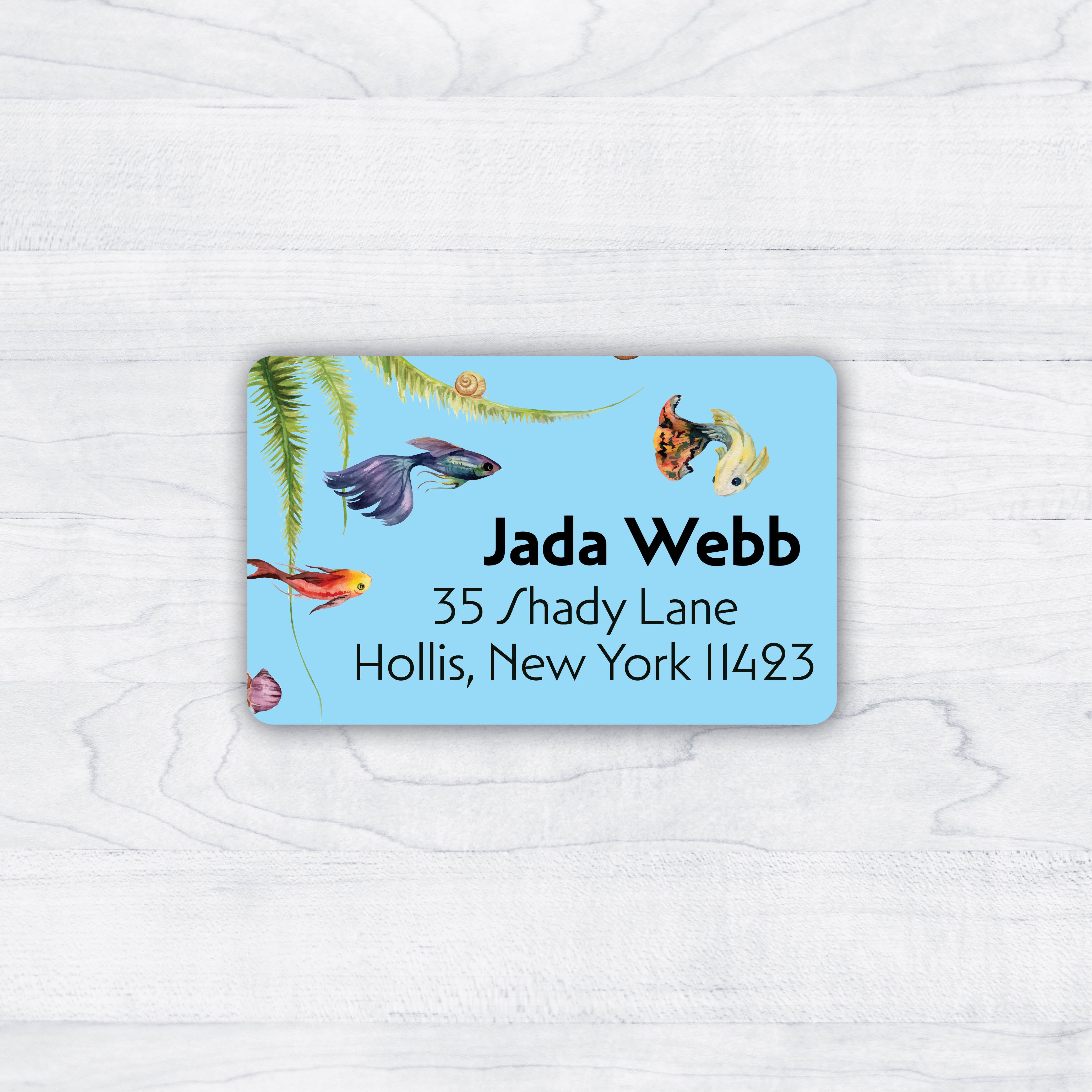 aquarium themed return address labels with blue and fish and aquatic plants