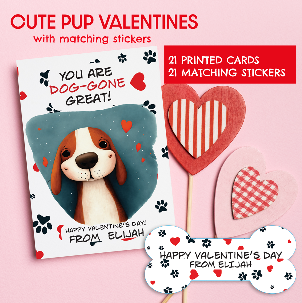 Cute Pup Dog-Themed Valentines for Valentine's Day Parties-Stella's Stickers