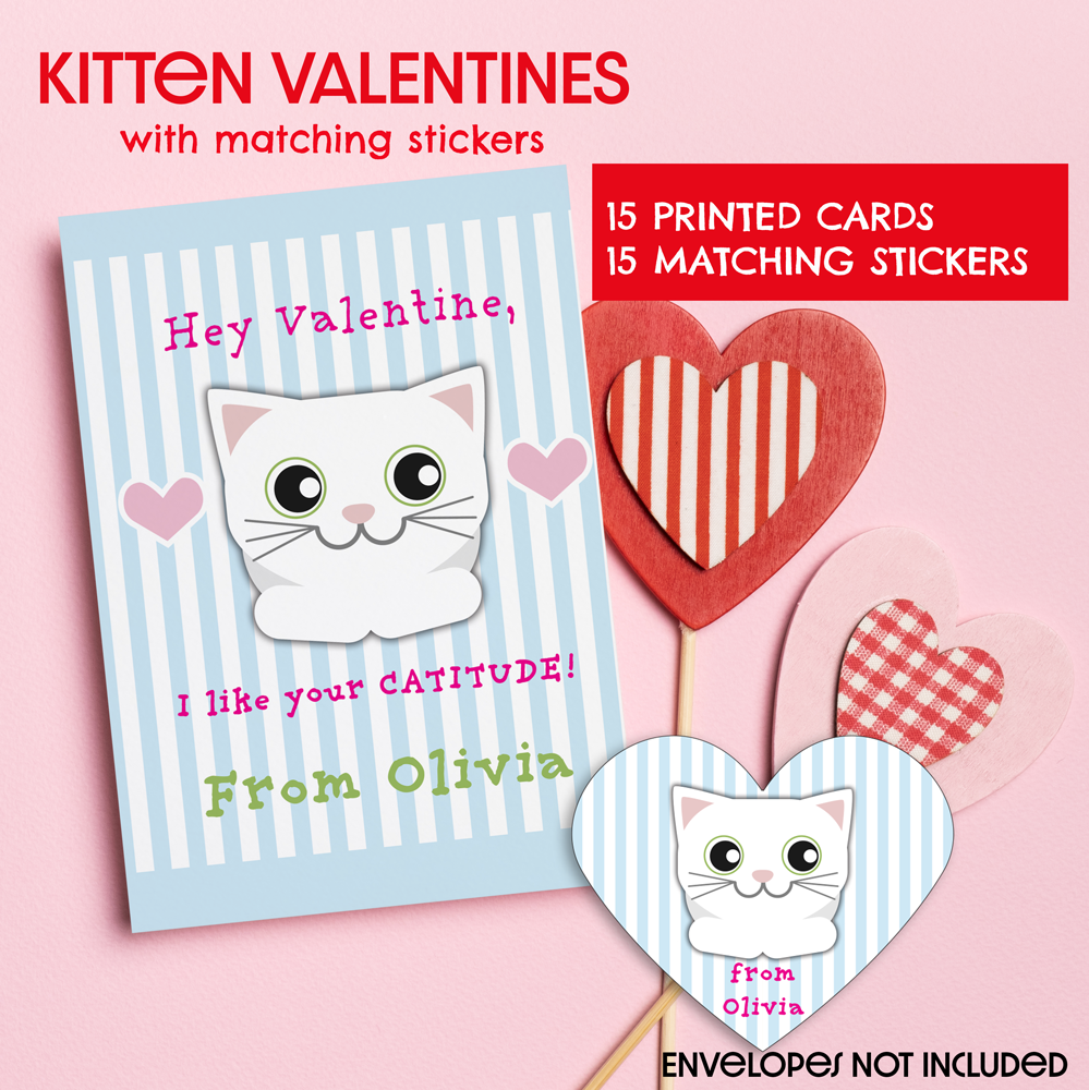 Kitten Valentine with Matching Heart Stickers