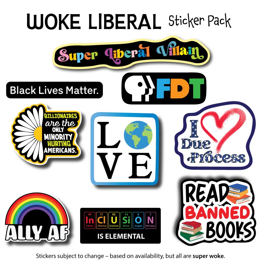 a selection of super liberal stickers including  "super liberal villain," "Black Lives Matter," "FDT PBS," Ally AF, Inclusion is Elemental, Read Banned books, I love due process, Billionaires are the only minority hurting Americans and Love your mother earth.