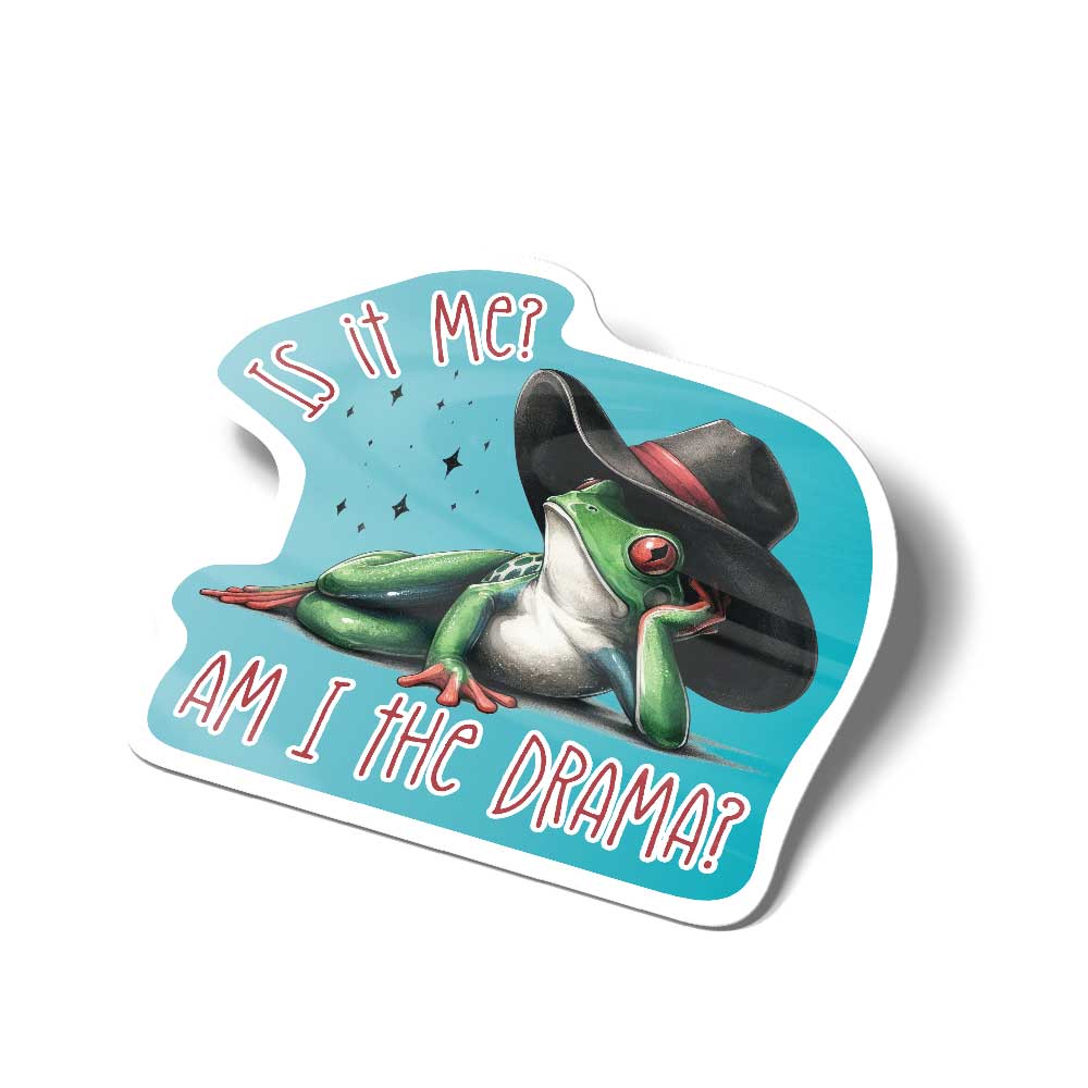 tree frog in a cowboy hat with the words "Am I the drama" on a vinyl decal with blue background.