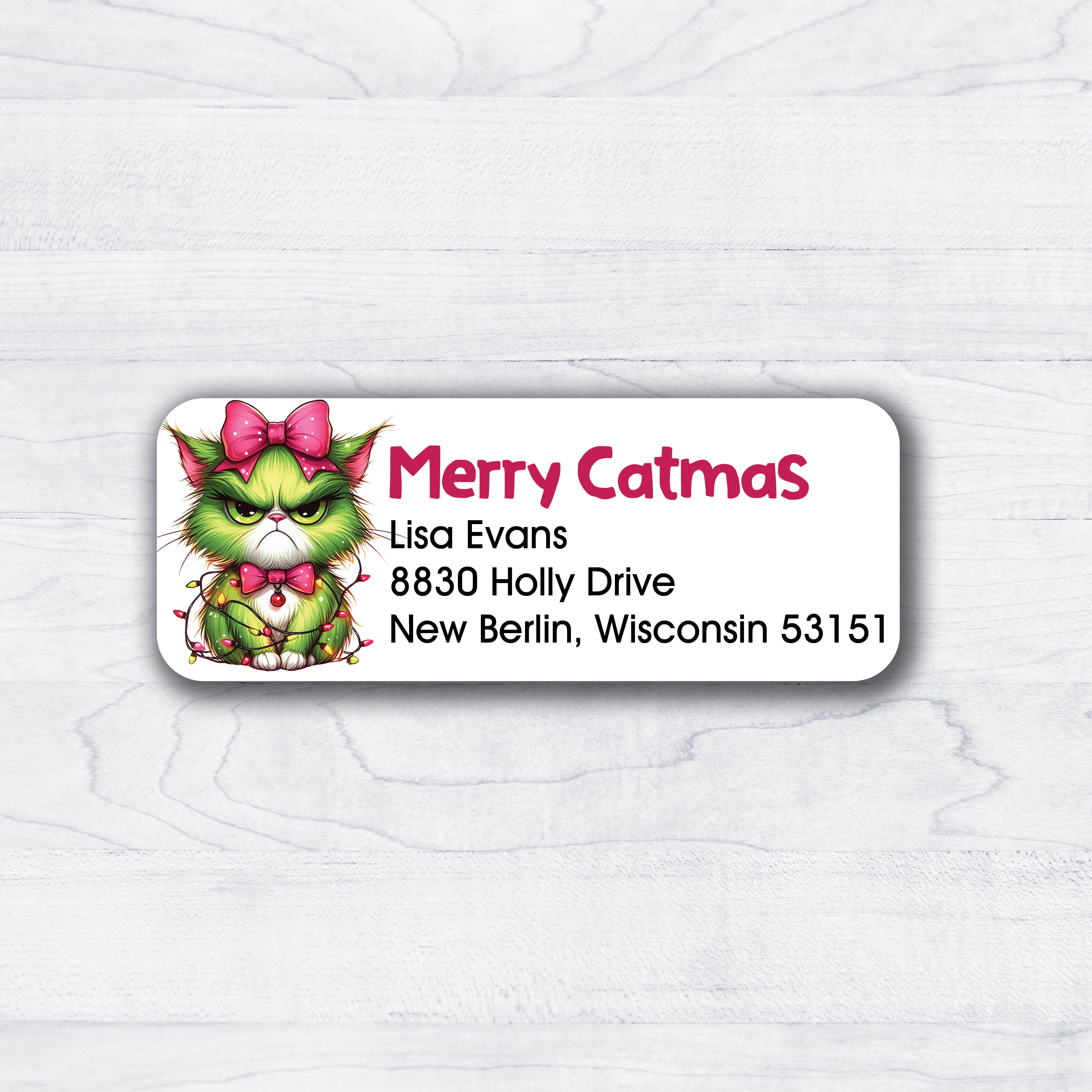 Grumpy green cat wrapped in christmas lights return address labels for christmas cards