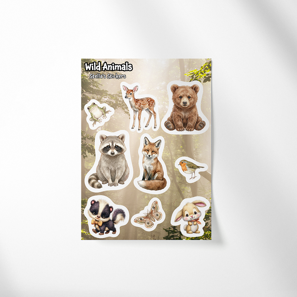 a woodland animal sticker sheet featuring a baby bear, fawn raccoon, fox, bird, bunny, moth, rabbit frog and badger.
