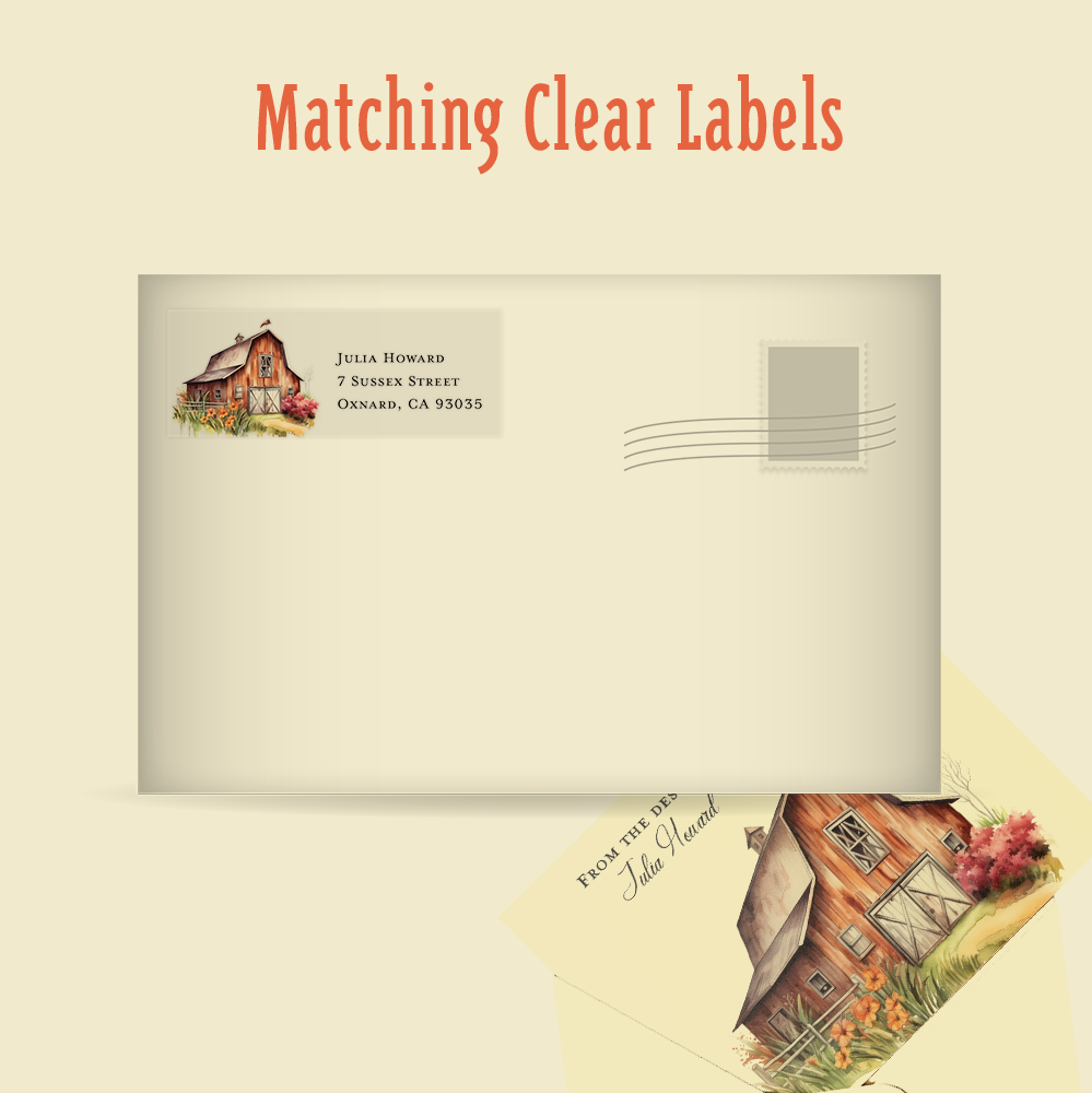 Personal Foldover Notecard featuring Watercolor Barn on Warm White Linen Cardstock