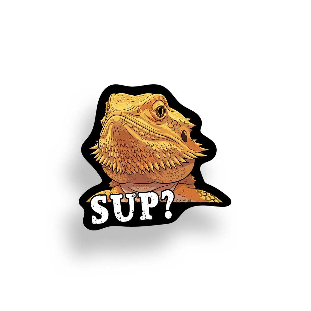 A die-cut sticker featuring a detailed illustration of a golden-brown bearded dragon with the text 'SUP?' in white distressed lettering below it, shown on a clean white background with a soft drop shadow.