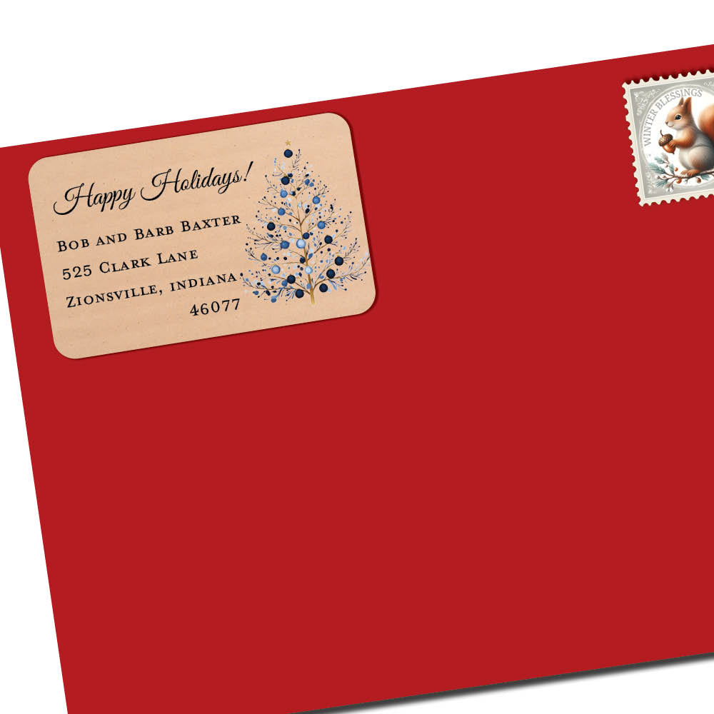 Brown Kraft Christmas Labels with Script and Blue Tree