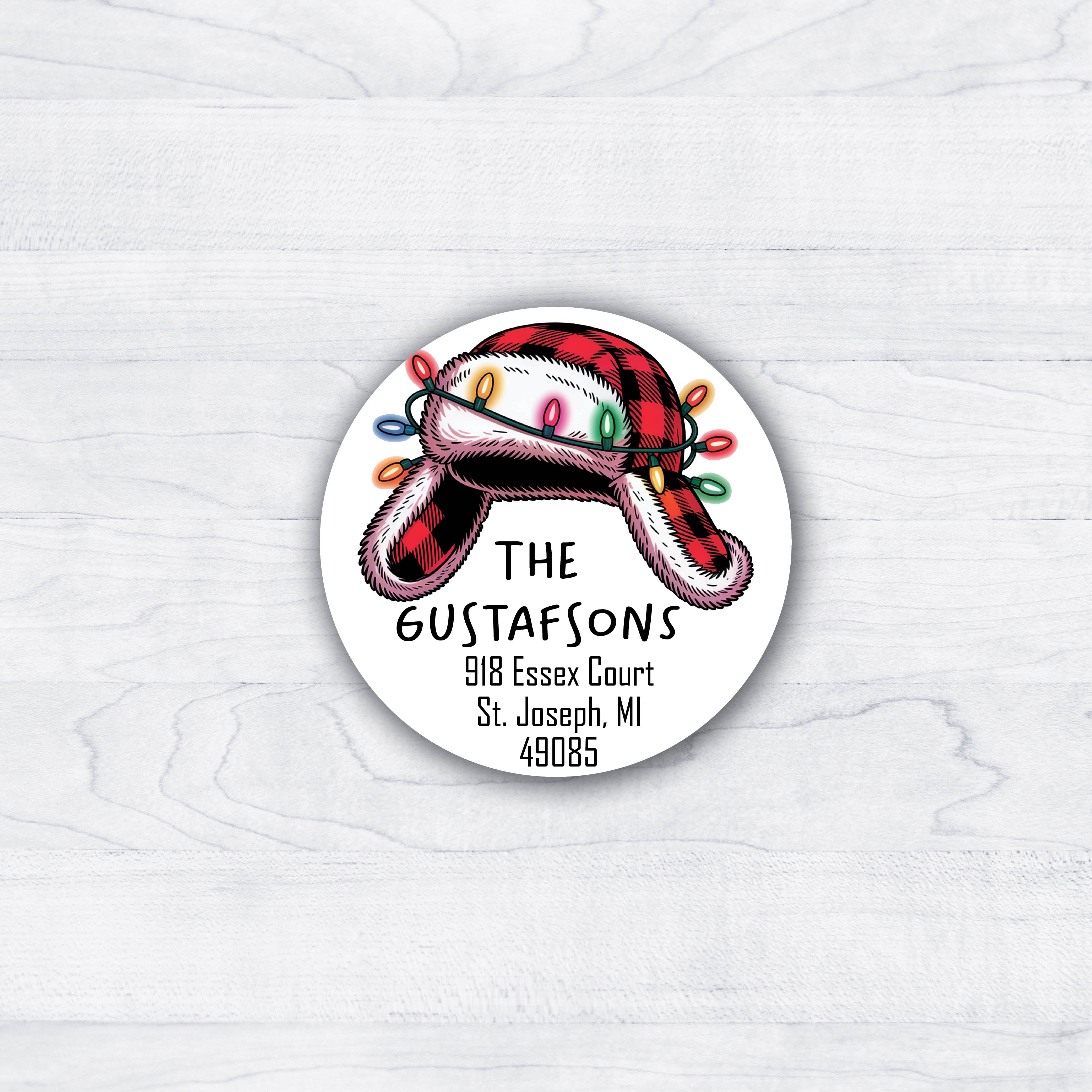 plaid bomber hat from Grumpy Old Men round return address labels with christmas theme.