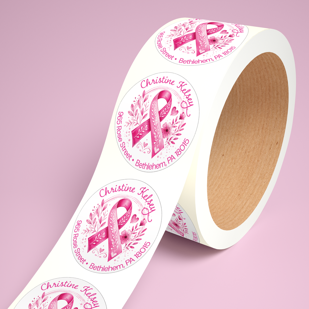 Pink Ribbon Round Return Address Labels