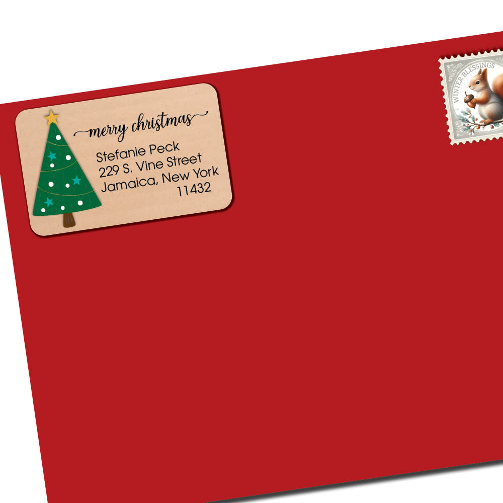 Brown Kraft Christmas Labels with Decorated Tree